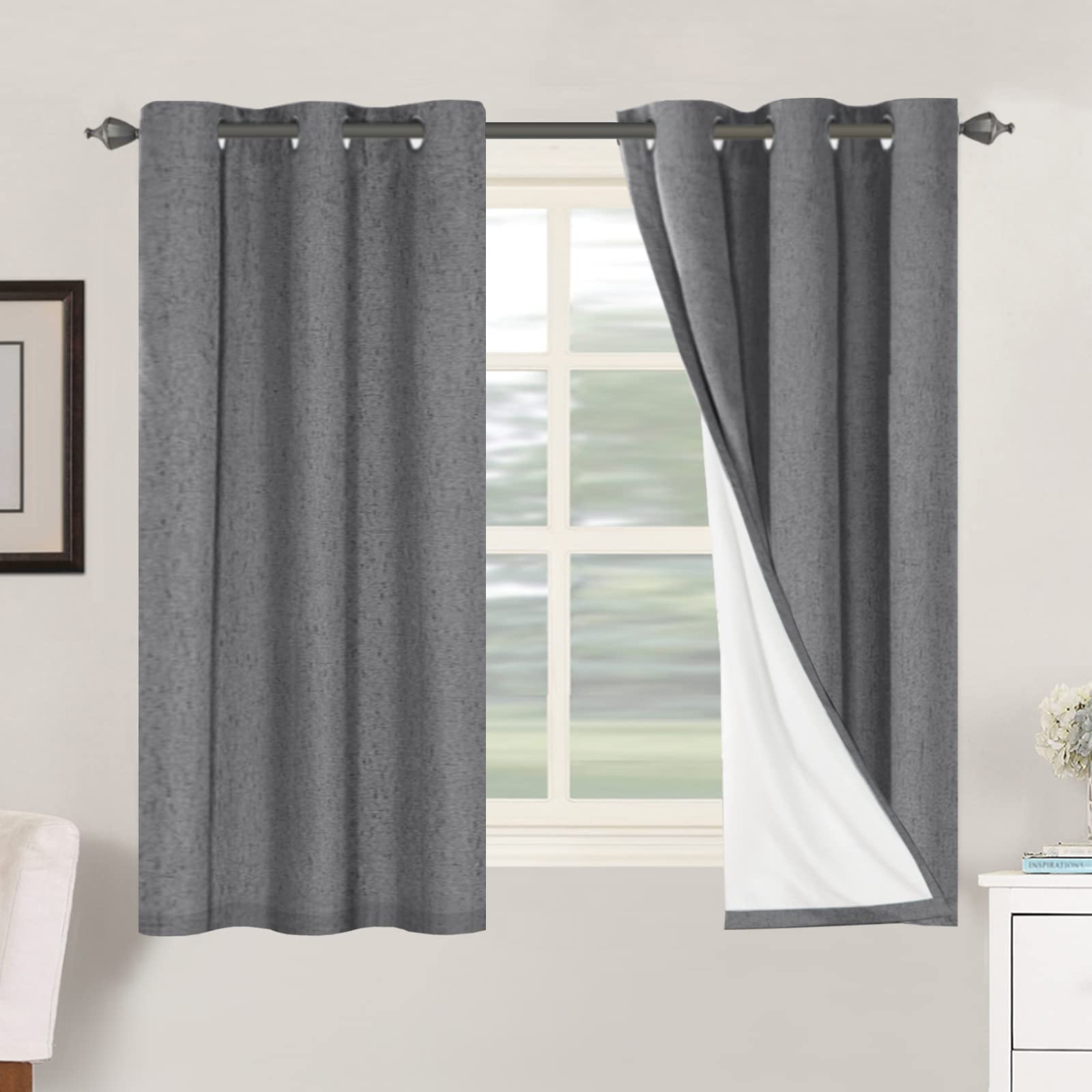 H.VERSAILTEX Linen 100% Blackout Curtains for Bedroom Full Light Blocking Curtains, Textured Window Curtain for Living Room 84 inch Grommet, Energy Efficient Curtains White Liner(2 Panels, Natural)