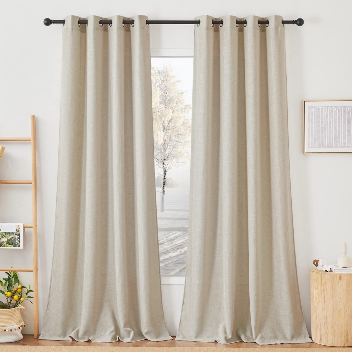 NICETOWN Semi Sheer Linen Curtains for Bedroom 84 inches Long, Grommet Privacy Vertical Farmhouse Window with Light Filtering for Living Room, Natural, W52 x L84, 2 Pieces