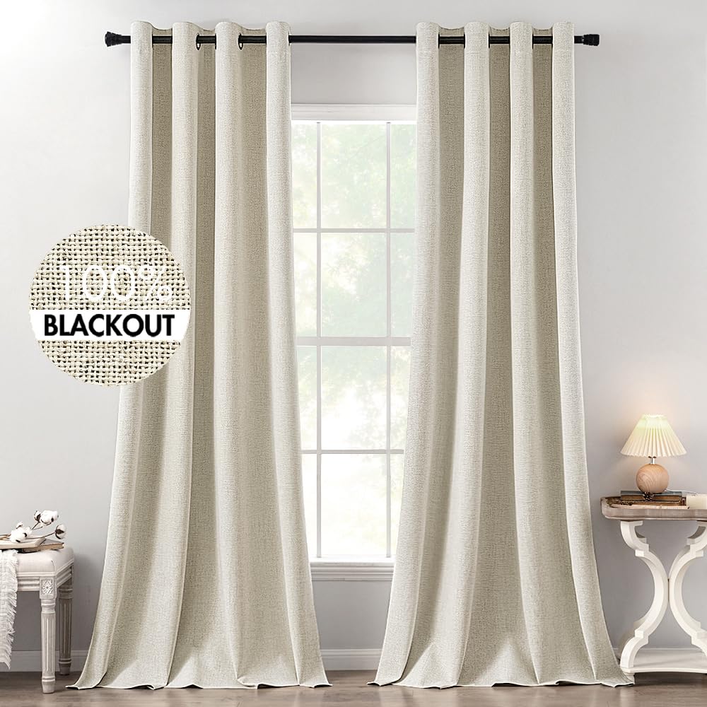 MIULEE 100% Blackout Linen Textured Curtains for Bedroom Solid Thermal Insulated Cream Grommet Room Darkening Curtains & Drapes Luxury Decor for Living Room Nursery 52 x 84 Inch (2 Panels)