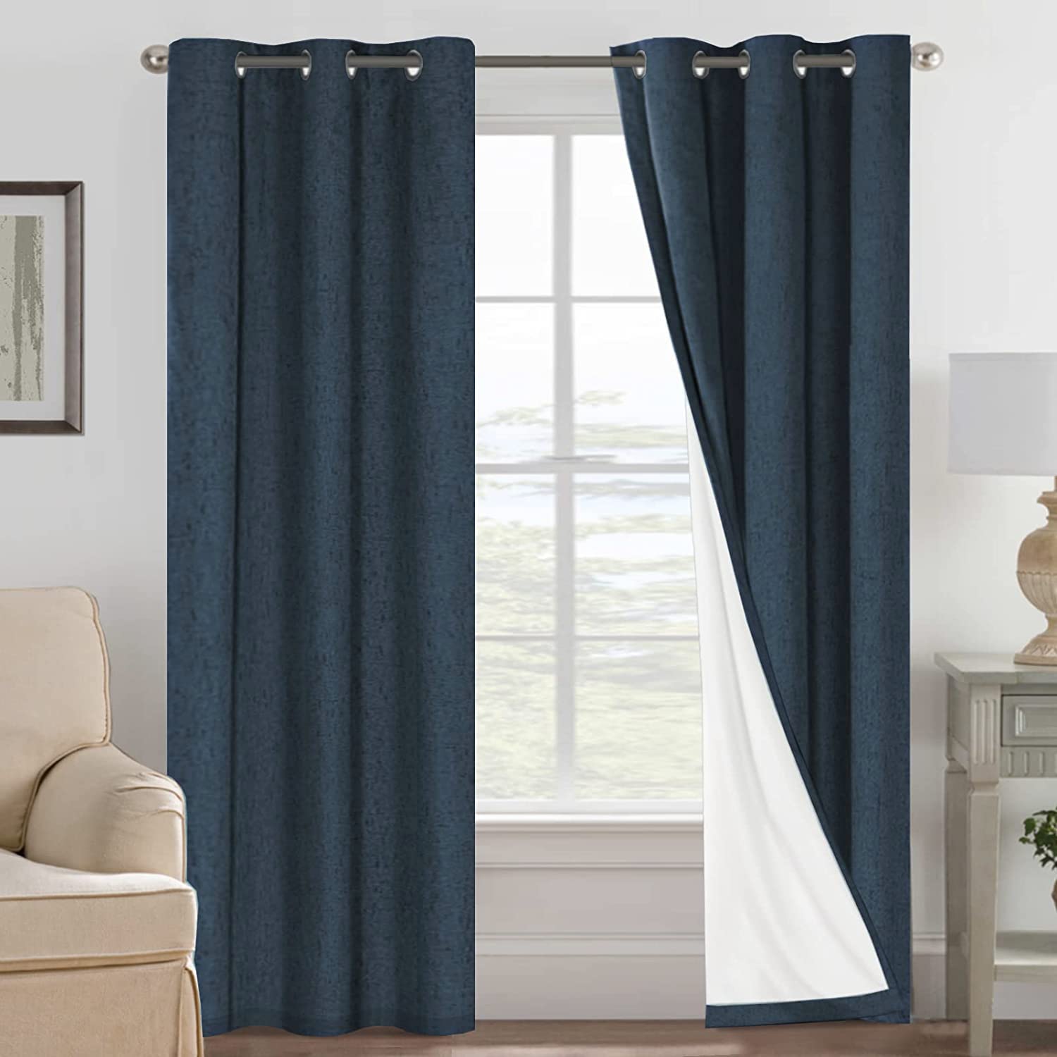 H.VERSAILTEX Linen 100% Blackout Curtains for Bedroom Full Light Blocking Curtains, Textured Window Curtain for Living Room 84 inch Grommet, Energy Efficient Curtains White Liner(2 Panels, Natural)