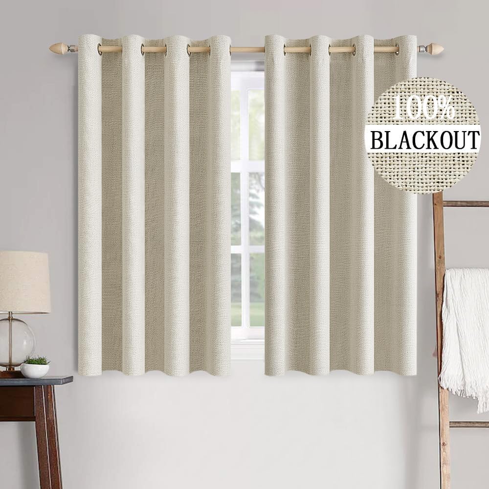 MIULEE 100% Blackout Linen Textured Curtains for Bedroom Solid Thermal Insulated Natural Beige Grommet Room Darkening Curtains & Drapes Luxury Decor for Living Room Nursery 52 x 96 Inch (2 Panels)