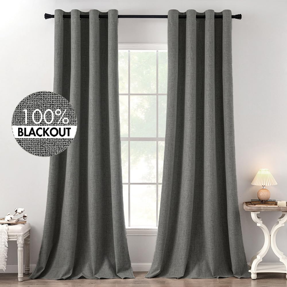 MIULEE 100% Blackout Linen Textured Curtains for Bedroom Solid Thermal Insulated Cream Grommet Room Darkening Curtains & Drapes Luxury Decor for Living Room Nursery 52 x 84 Inch (2 Panels)