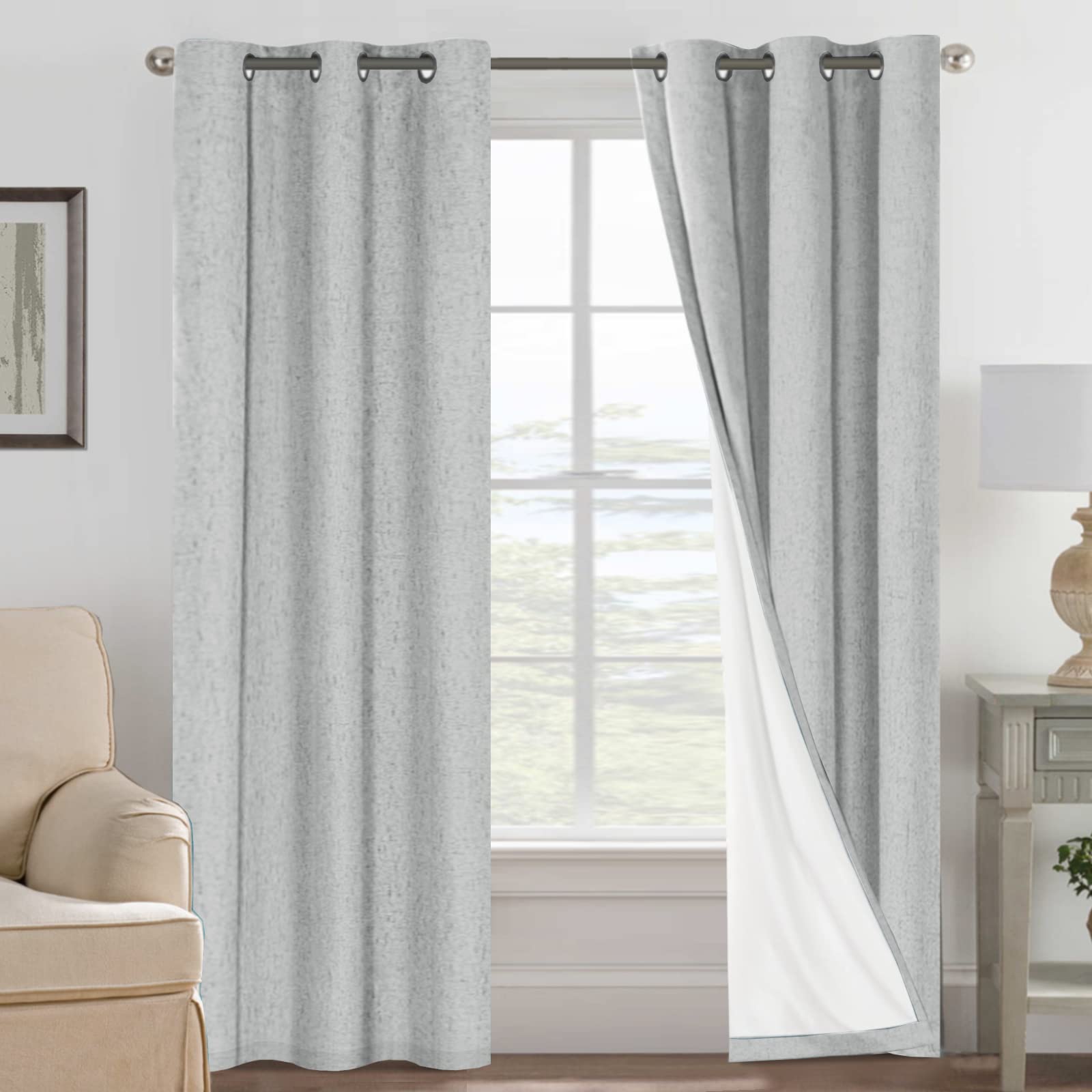 H.VERSAILTEX Linen 100% Blackout Curtains for Bedroom Full Light Blocking Curtains, Textured Window Curtain for Living Room 84 inch Grommet, Energy Efficient Curtains White Liner(2 Panels, Natural)