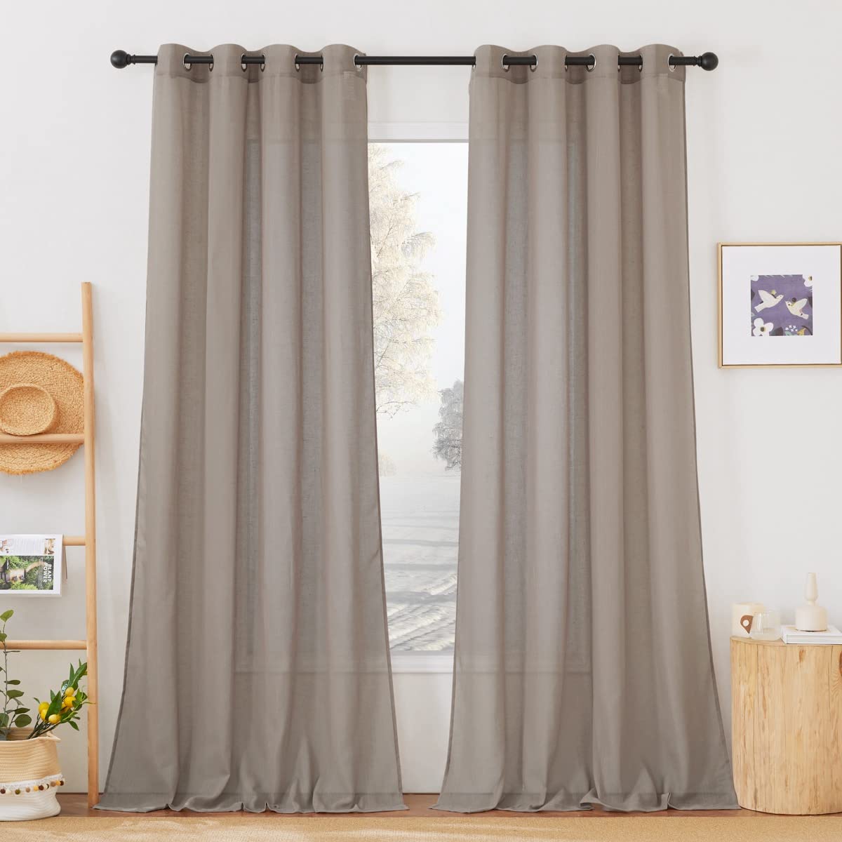 NICETOWN Semi Sheer Linen Curtains for Bedroom 84 inches Long, Grommet Privacy Vertical Farmhouse Window with Light Filtering for Living Room, Natural, W52 x L84, 2 Pieces