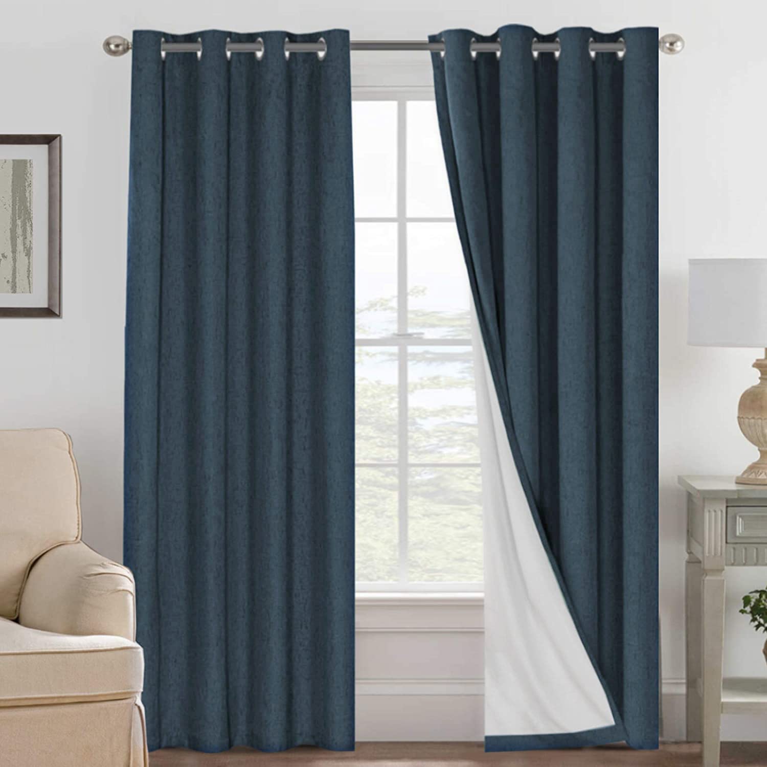 H.VERSAILTEX Linen 100% Blackout Curtains for Bedroom Full Light Blocking Curtains, Textured Window Curtain for Living Room 84 inch Grommet, Energy Efficient Curtains White Liner(2 Panels, Natural)