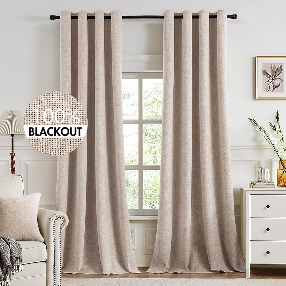 MIULEE 100% Blackout Linen Textured Curtains for Bedroom Solid Thermal Insulated Natural Beige Grommet Room Darkening Curtains & Drapes Luxury Decor for Living Room Nursery 52 x 96 Inch (2 Panels)