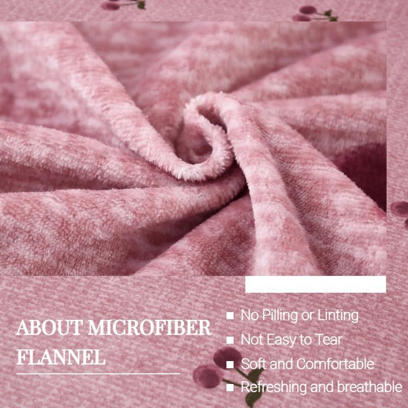 MAG 3Pcs Fleece Fitted Sheet Twin Size with Pink Cherry Pattern, Super Cute Fluffy Warm Bottom Sheets for Kids,Girls,included1*Fitted Sheet and 2*Pillowcases.