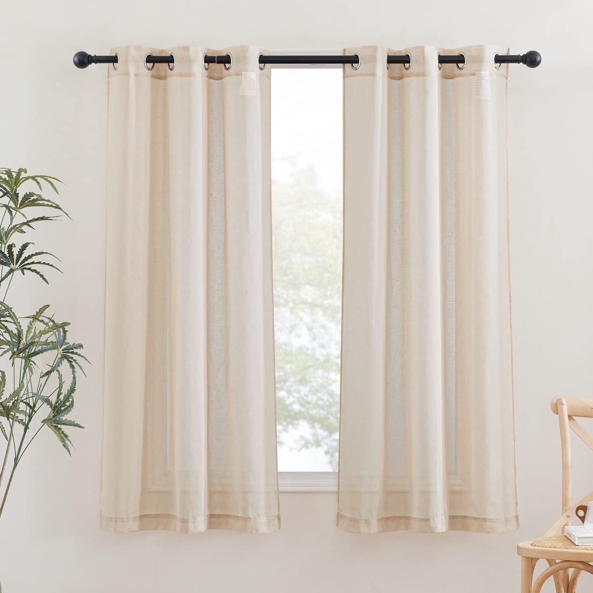 NICETOWN Semi Sheer Linen Curtains for Bedroom 84 inches Long, Grommet Privacy Vertical Farmhouse Window with Light Filtering for Living Room, Natural, W52 x L84, 2 Pieces
