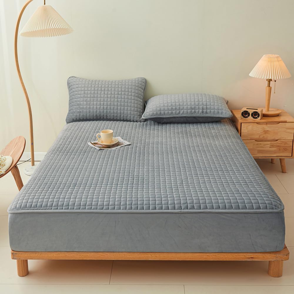 LweiPsqLin Quilted Flannel Fitted Sheets,Soft Flannel Fleece Mattress Top- Suitable for Fall and Winter,Fitted Deep Pocket Up to 15''. (Gray, Queen)