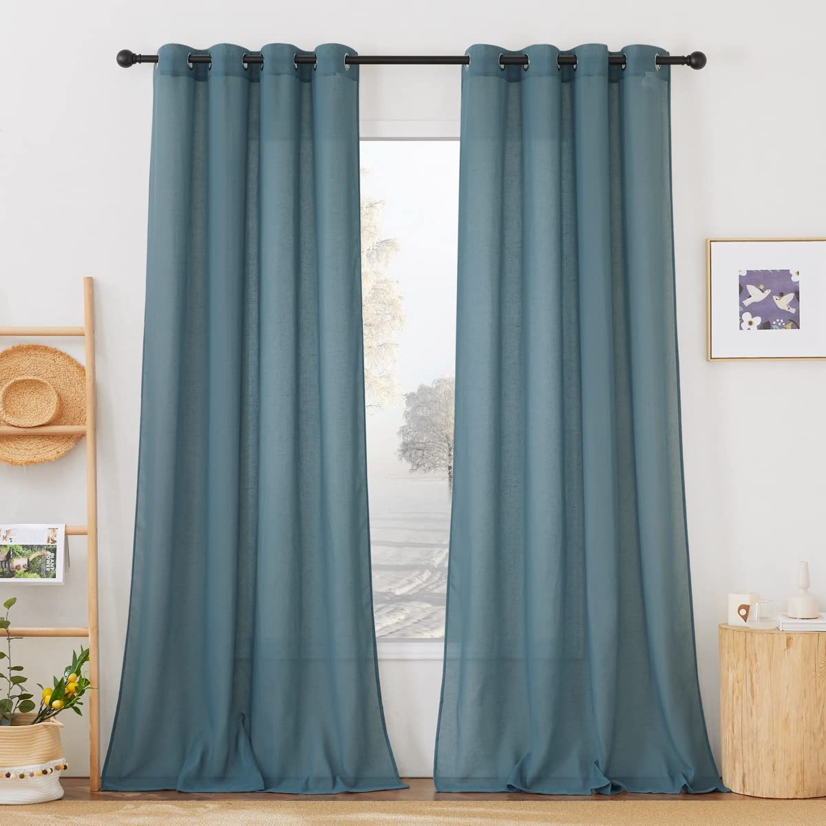 NICETOWN Semi Sheer Linen Curtains for Bedroom 84 inches Long, Grommet Privacy Vertical Farmhouse Window with Light Filtering for Living Room, Natural, W52 x L84, 2 Pieces