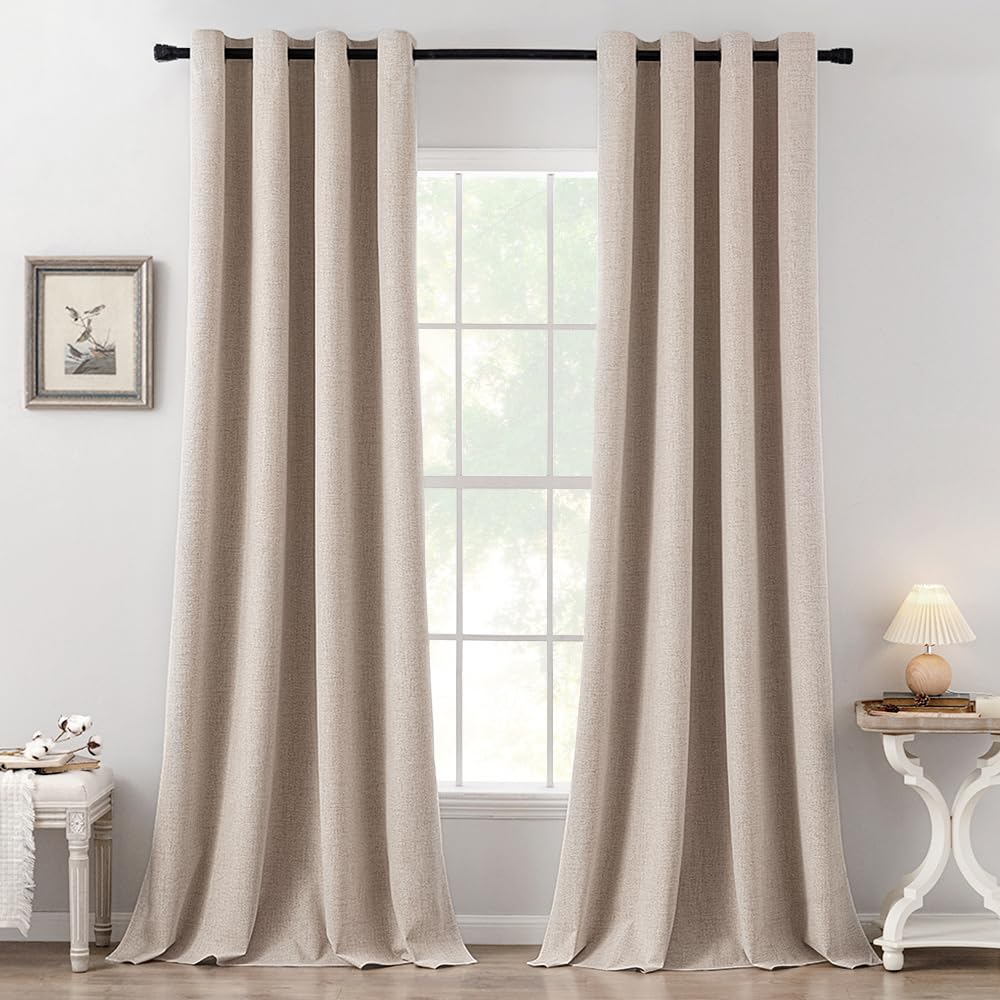 MIULEE 100% Blackout Linen Textured Curtains for Bedroom Solid Thermal Insulated Cream Grommet Room Darkening Curtains & Drapes Luxury Decor for Living Room Nursery 52 x 84 Inch (2 Panels)