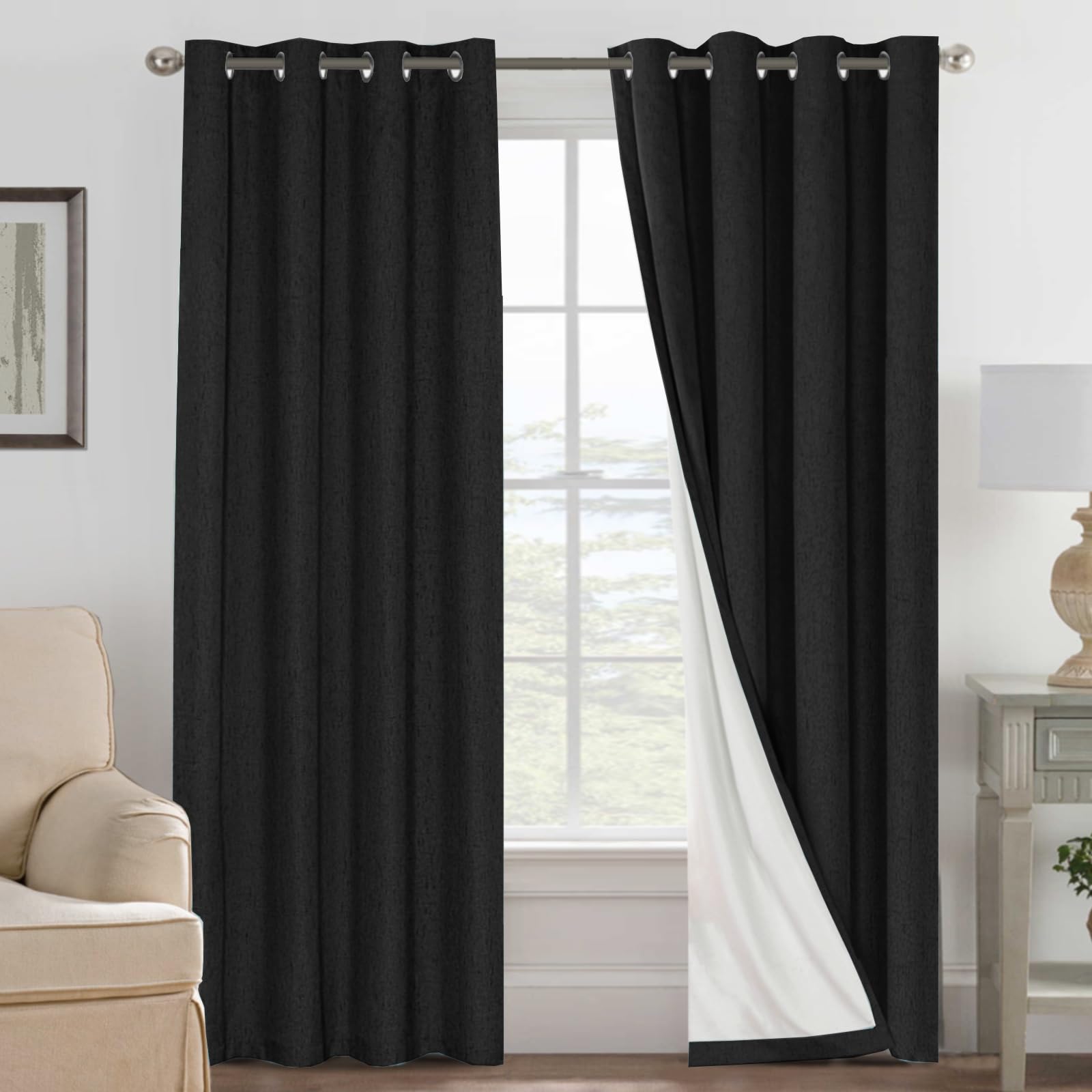 H.VERSAILTEX Linen 100% Blackout Curtains for Bedroom Full Light Blocking Curtains, Textured Window Curtain for Living Room 84 inch Grommet, Energy Efficient Curtains White Liner(2 Panels, Natural)