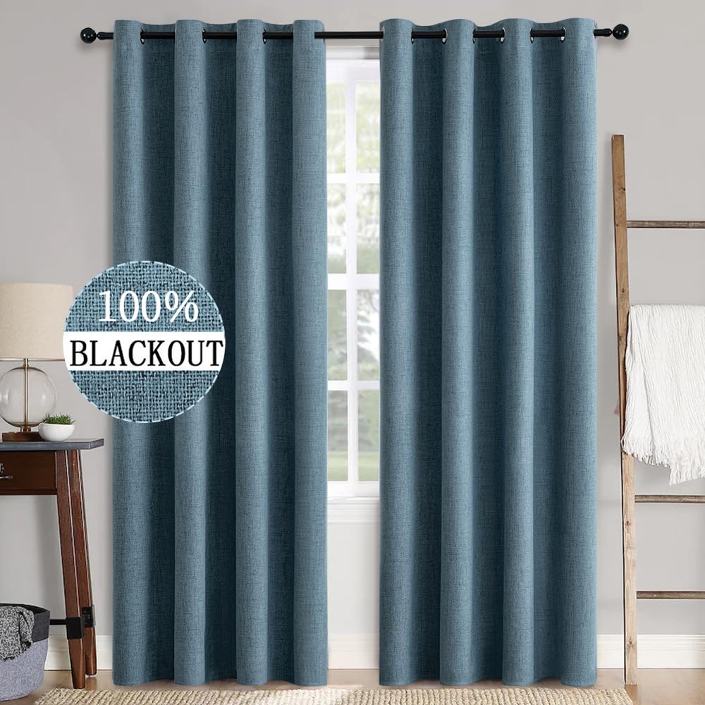 MIULEE 100% Blackout Linen Textured Curtains for Bedroom Solid Thermal Insulated Cream Grommet Room Darkening Curtains & Drapes Luxury Decor for Living Room Nursery 52 x 84 Inch (2 Panels)