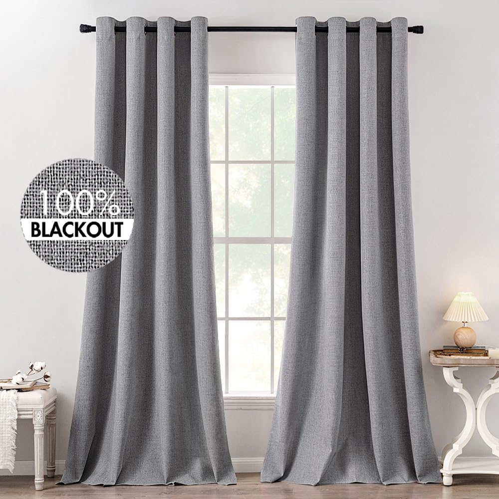 MIULEE 100% Blackout Linen Textured Curtains for Bedroom Solid Thermal Insulated Cream Grommet Room Darkening Curtains & Drapes Luxury Decor for Living Room Nursery 52 x 84 Inch (2 Panels)