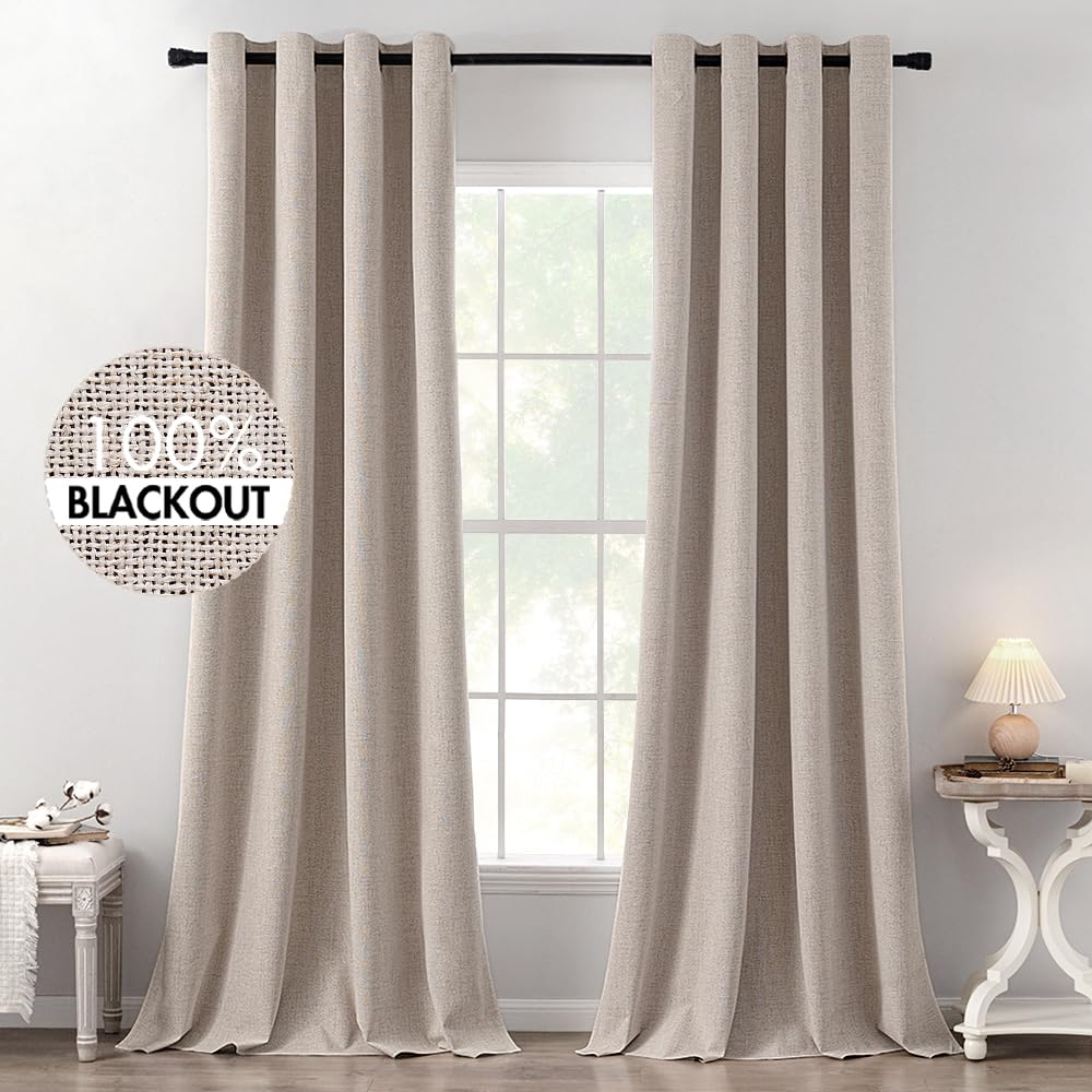 MIULEE 100% Blackout Linen Textured Curtains for Bedroom Solid Thermal Insulated Cream Grommet Room Darkening Curtains & Drapes Luxury Decor for Living Room Nursery 52 x 84 Inch (2 Panels)