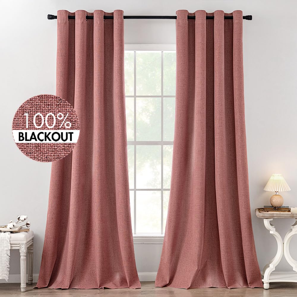 MIULEE 100% Blackout Linen Textured Curtains for Bedroom Solid Thermal Insulated Cream Grommet Room Darkening Curtains & Drapes Luxury Decor for Living Room Nursery 52 x 84 Inch (2 Panels)