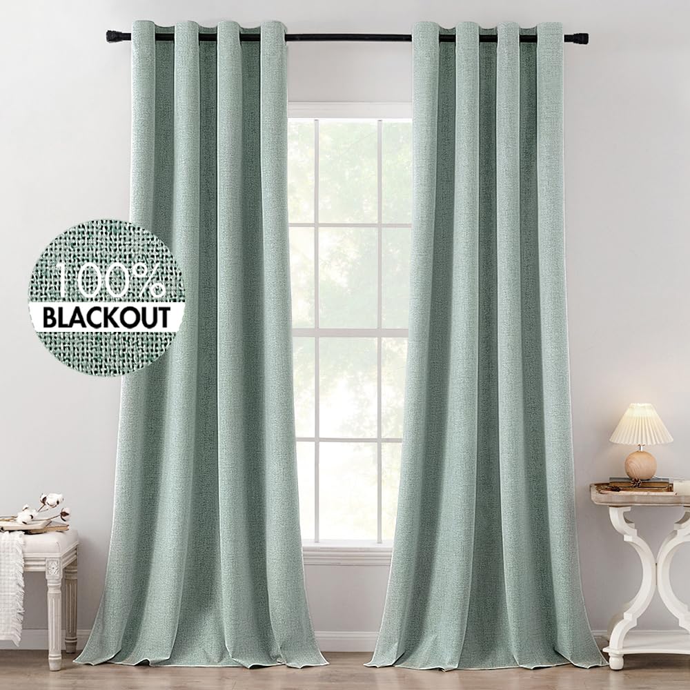 MIULEE 100% Blackout Linen Textured Curtains for Bedroom Solid Thermal Insulated Natural Beige Grommet Room Darkening Curtains & Drapes Luxury Decor for Living Room Nursery 52 x 96 Inch (2 Panels)