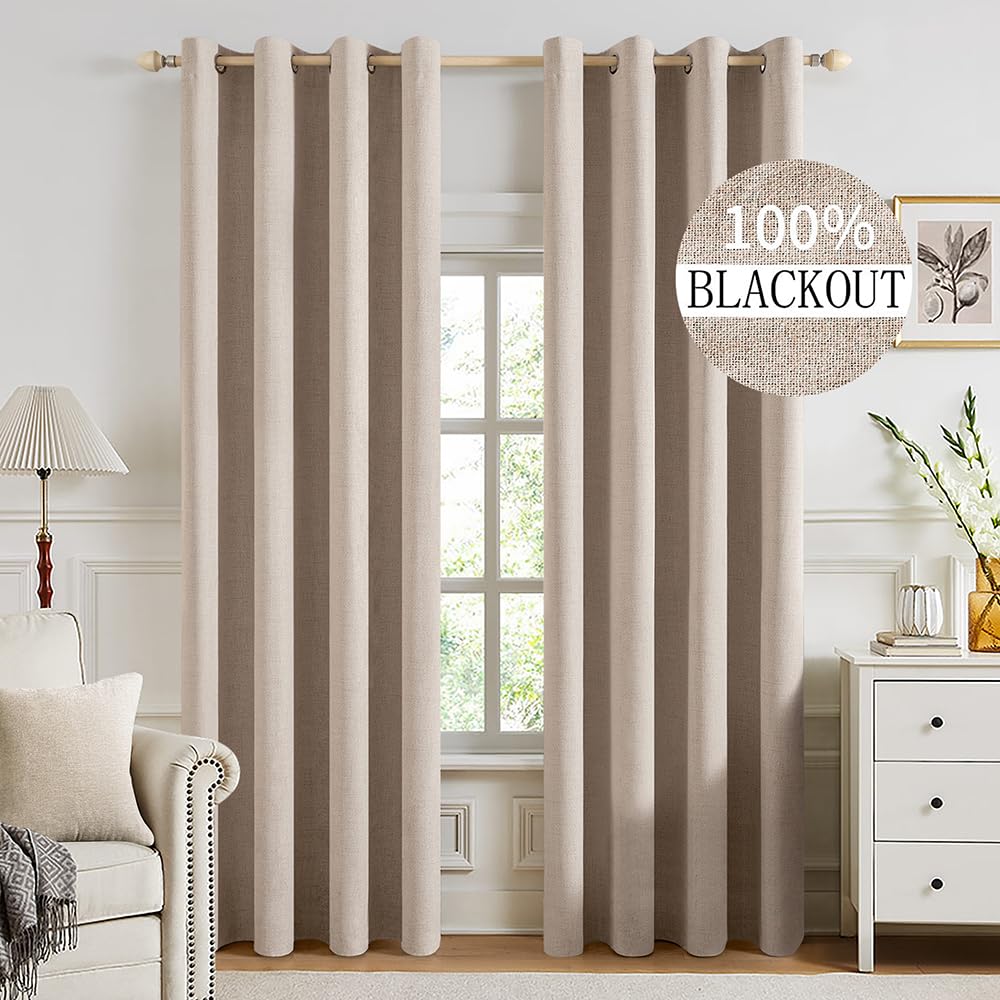 MIULEE 100% Blackout Linen Textured Curtains for Bedroom Solid Thermal Insulated Natural Beige Grommet Room Darkening Curtains & Drapes Luxury Decor for Living Room Nursery 52 x 96 Inch (2 Panels)