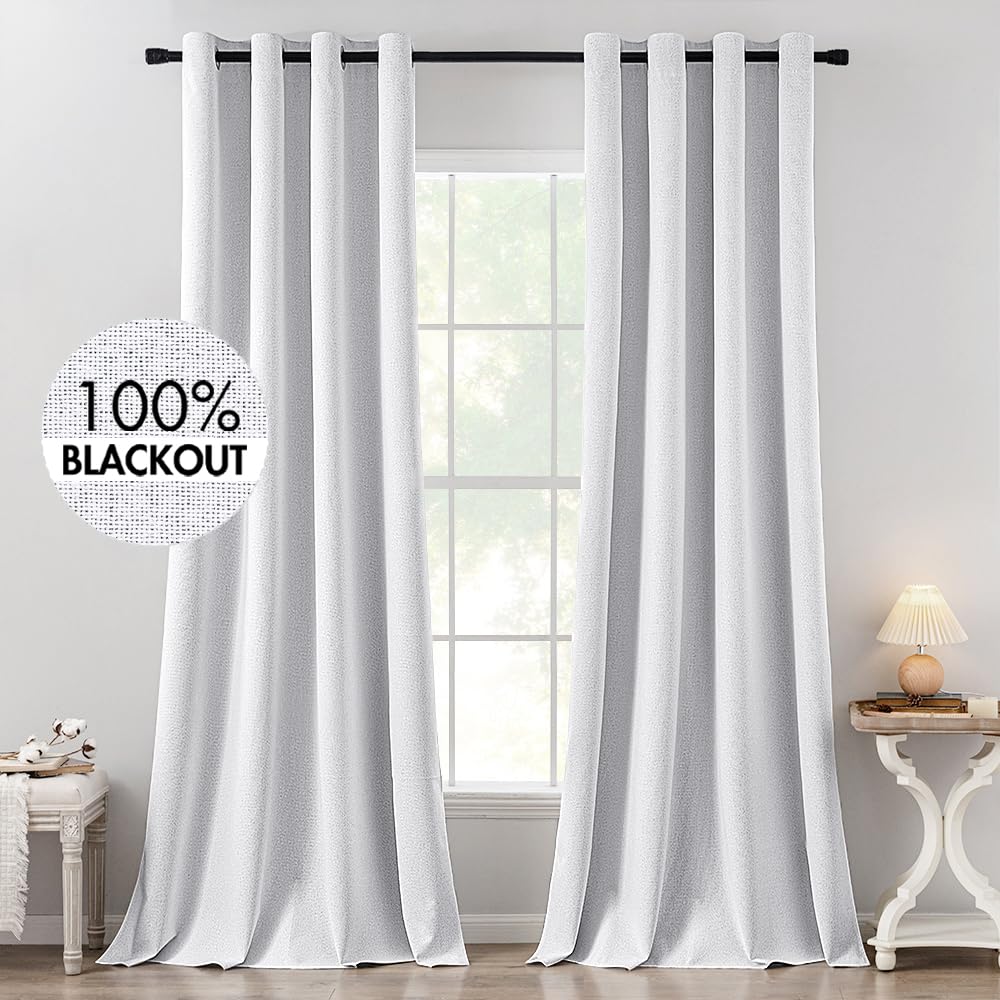 MIULEE 100% Blackout Linen Textured Curtains for Bedroom Solid Thermal Insulated Cream Grommet Room Darkening Curtains & Drapes Luxury Decor for Living Room Nursery 52 x 84 Inch (2 Panels)