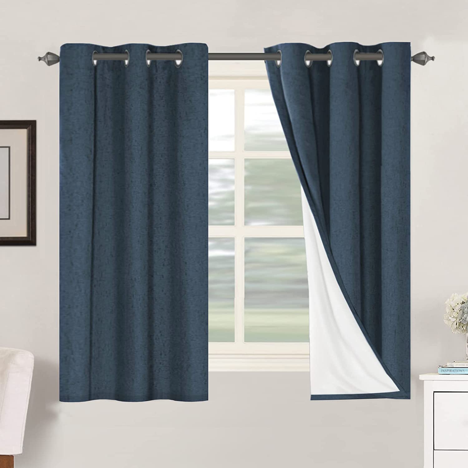 H.VERSAILTEX Linen 100% Blackout Curtains for Bedroom Full Light Blocking Curtains, Textured Window Curtain for Living Room 84 inch Grommet, Energy Efficient Curtains White Liner(2 Panels, Natural)