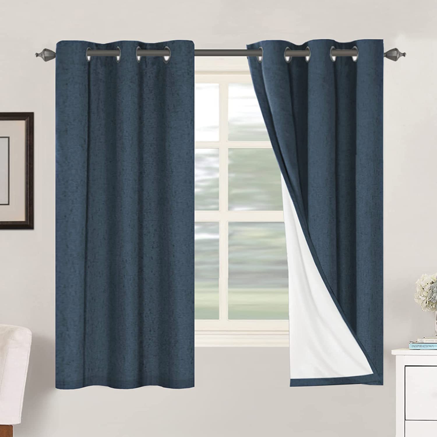 H.VERSAILTEX Linen 100% Blackout Curtains for Bedroom Full Light Blocking Curtains, Textured Window Curtain for Living Room 84 inch Grommet, Energy Efficient Curtains White Liner(2 Panels, Natural)