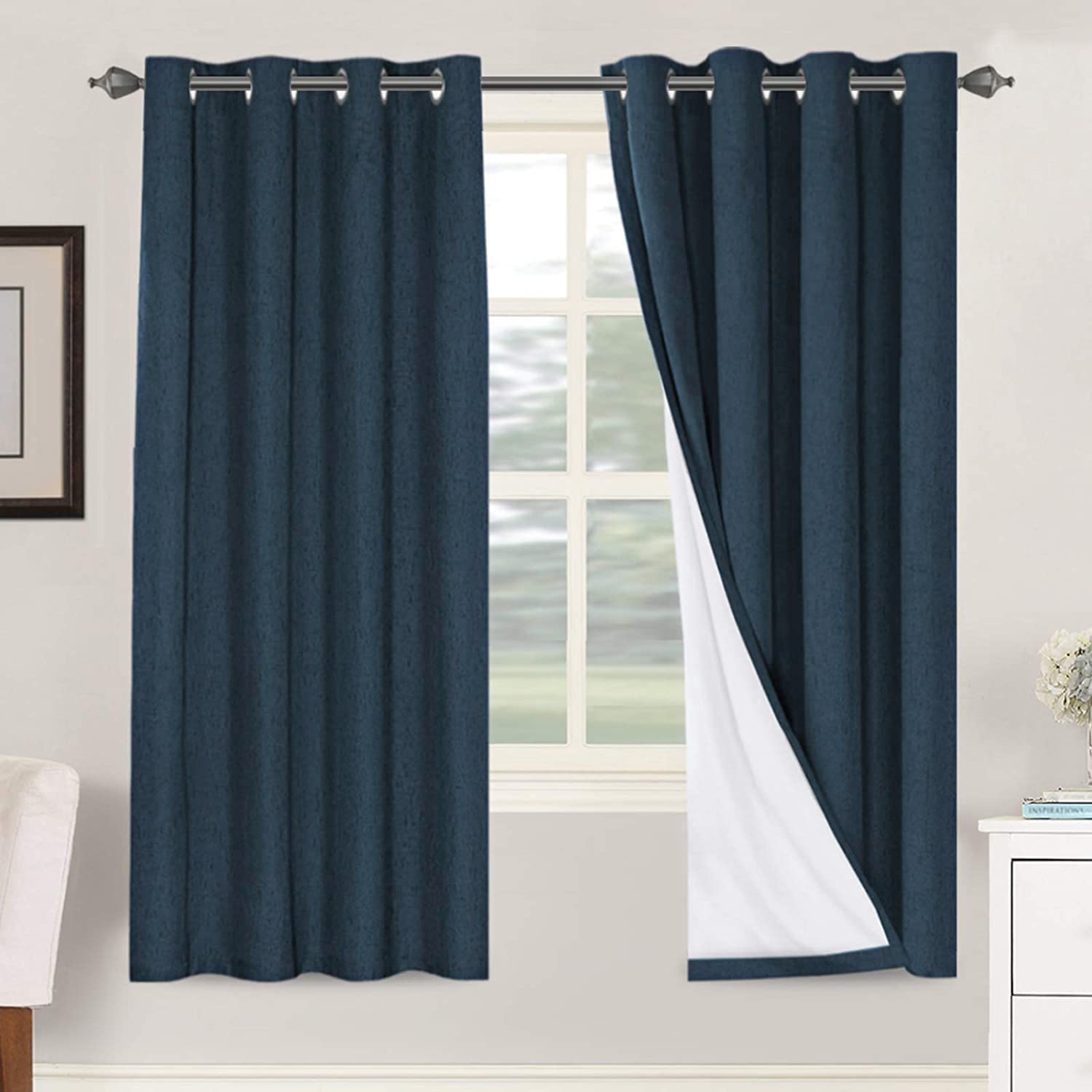 H.VERSAILTEX Linen 100% Blackout Curtains for Bedroom Full Light Blocking Curtains, Textured Window Curtain for Living Room 84 inch Grommet, Energy Efficient Curtains White Liner(2 Panels, Natural)