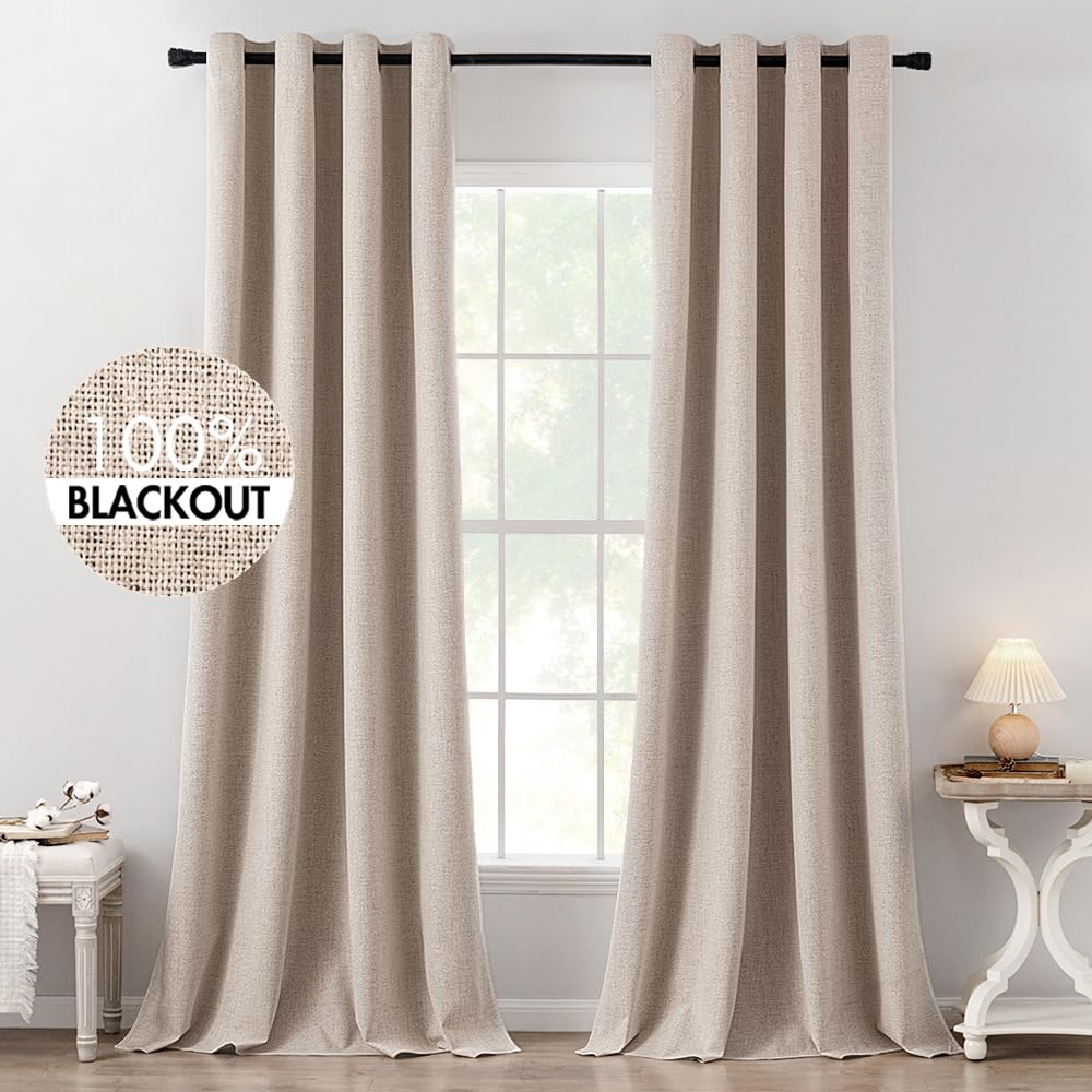 MIULEE 100% Blackout Linen Textured Curtains for Bedroom Solid Thermal Insulated Natural Beige Grommet Room Darkening Curtains & Drapes Luxury Decor for Living Room Nursery 52 x 96 Inch (2 Panels)