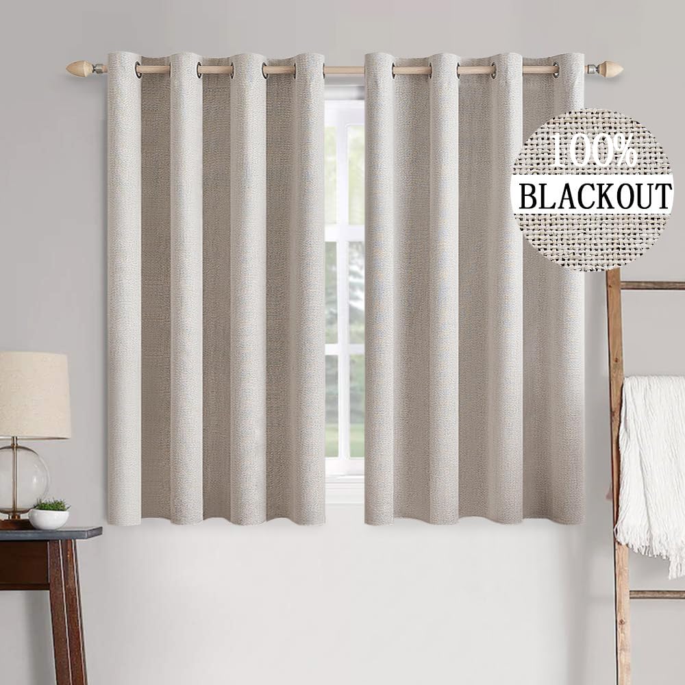 MIULEE 100% Blackout Linen Textured Curtains for Bedroom Solid Thermal Insulated Cream Grommet Room Darkening Curtains & Drapes Luxury Decor for Living Room Nursery 52 x 84 Inch (2 Panels)