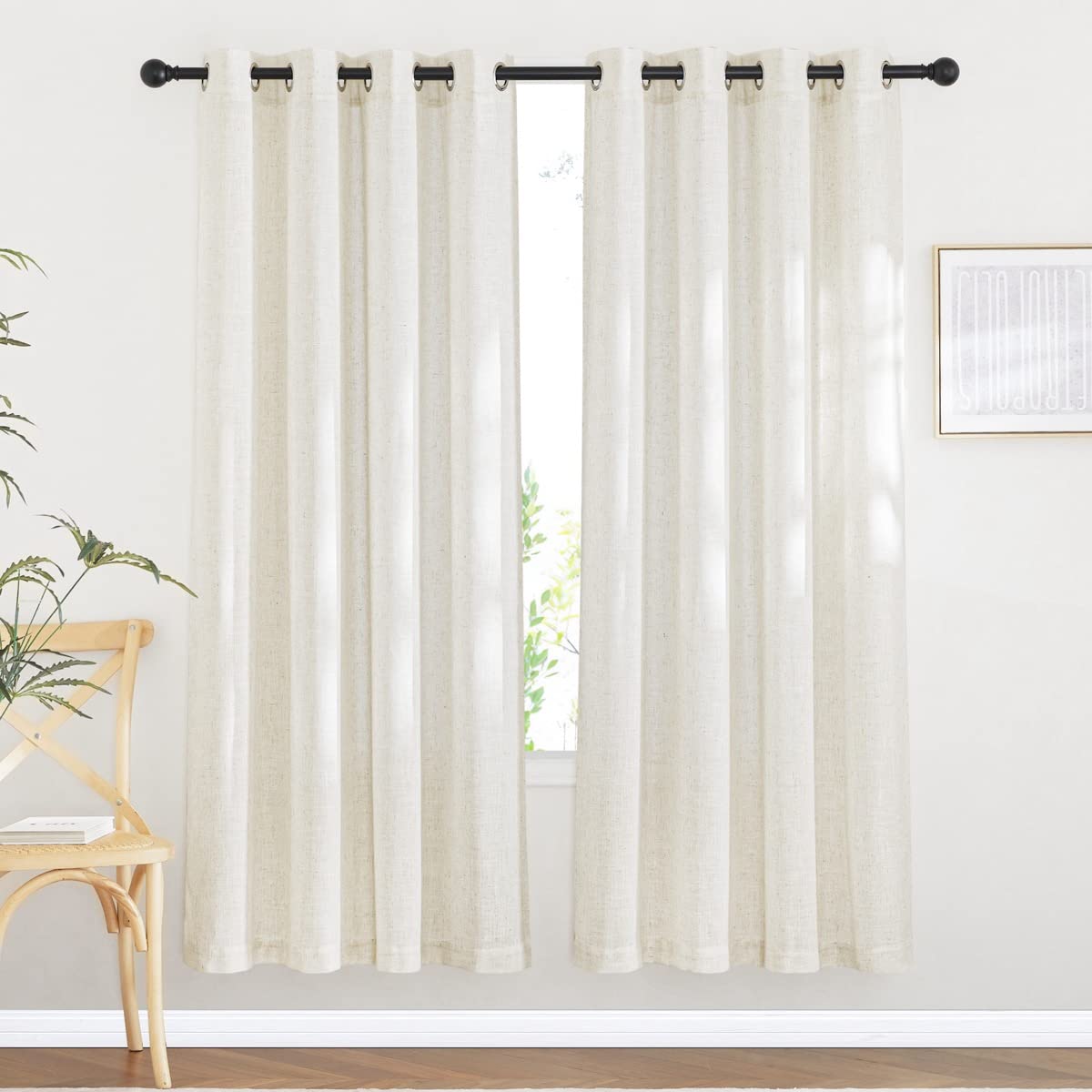 NICETOWN Semi Sheer Linen Curtains for Bedroom 84 inches Long, Grommet Privacy Vertical Farmhouse Window with Light Filtering for Living Room, Natural, W52 x L84, 2 Pieces