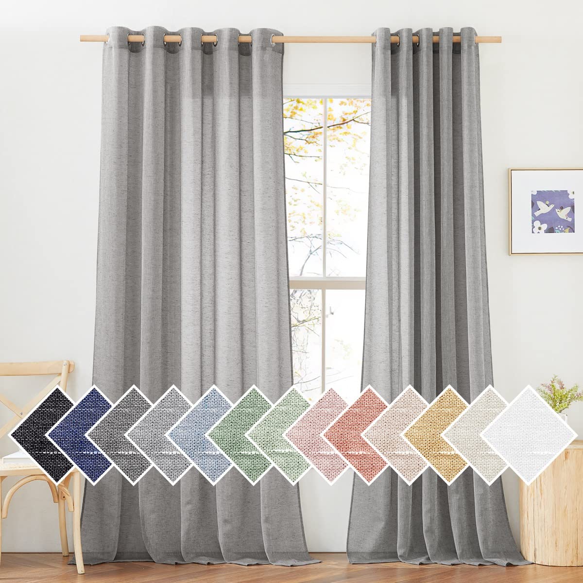 NICETOWN Semi Sheer Linen Curtains for Bedroom 84 inches Long, Grommet Privacy Vertical Farmhouse Window with Light Filtering for Living Room, Natural, W52 x L84, 2 Pieces
