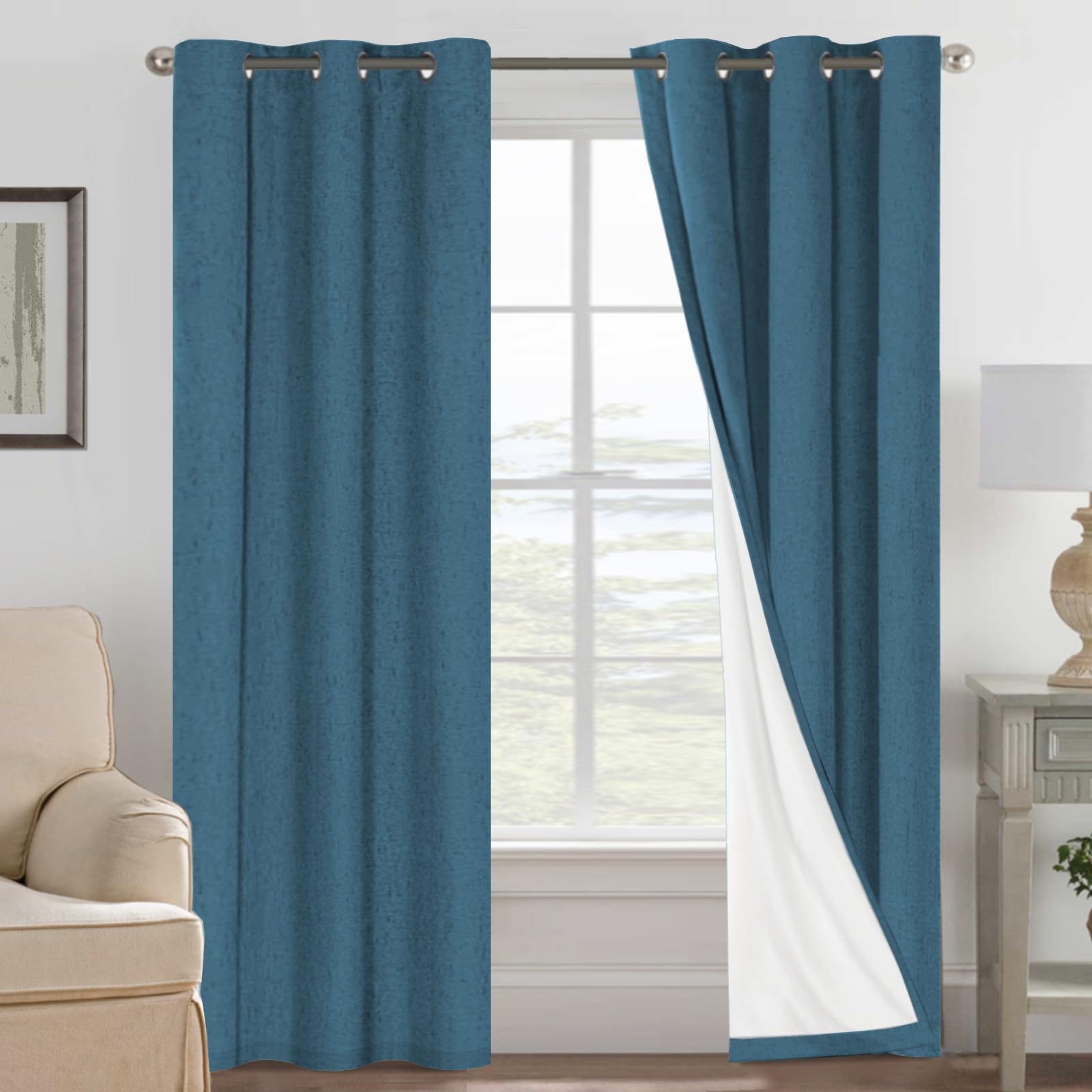 H.VERSAILTEX Linen 100% Blackout Curtains for Bedroom Full Light Blocking Curtains, Textured Window Curtain for Living Room 84 inch Grommet, Energy Efficient Curtains White Liner(2 Panels, Natural)