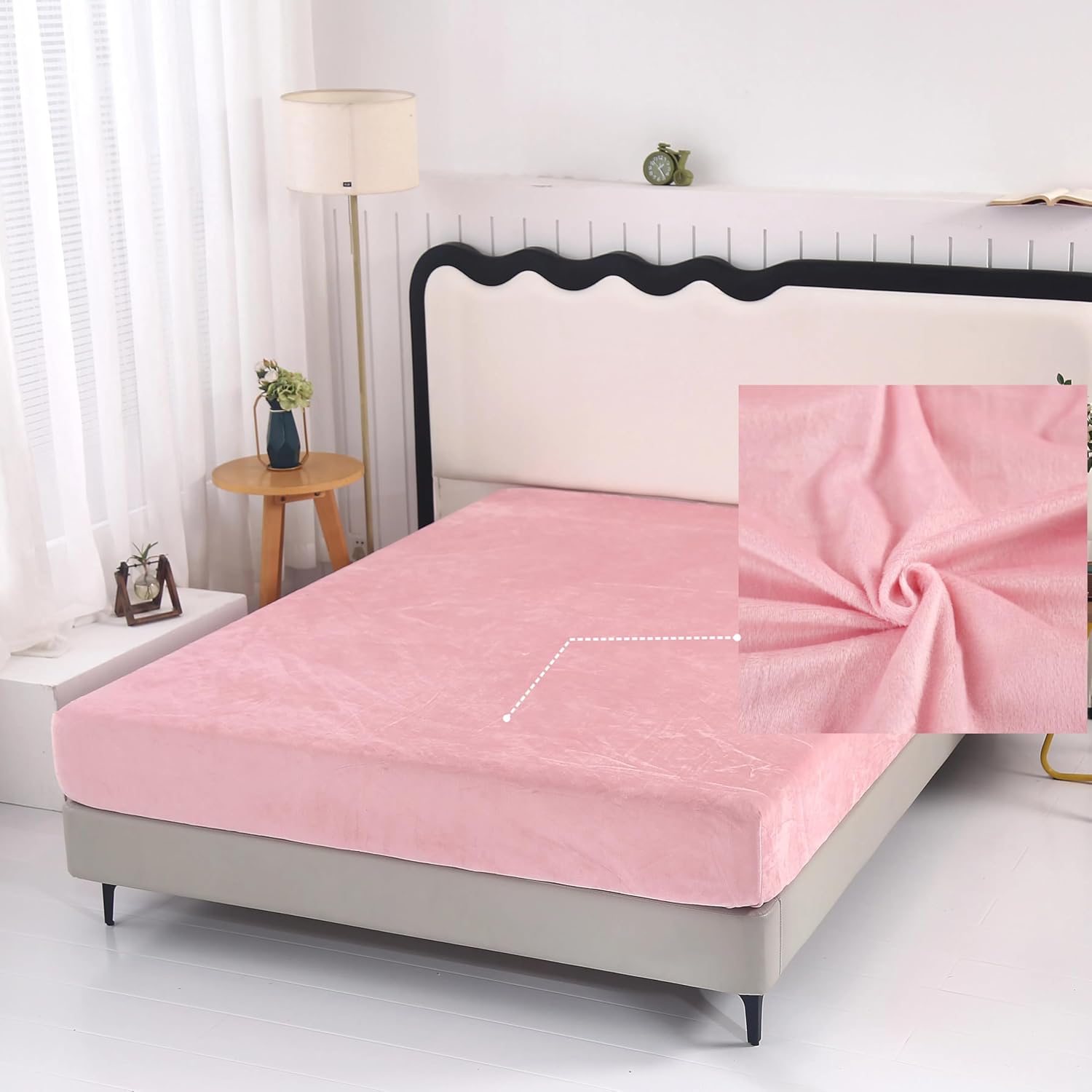 SDY Fleece Fitted Sheet only Queen Size with Deep Pocket 15.7”，No Pilling Fluffy Pink Queen Bottom Sheet Fit Mattress Up to 14”-16”,Wrinkle Free, Breathable for Warm Winter