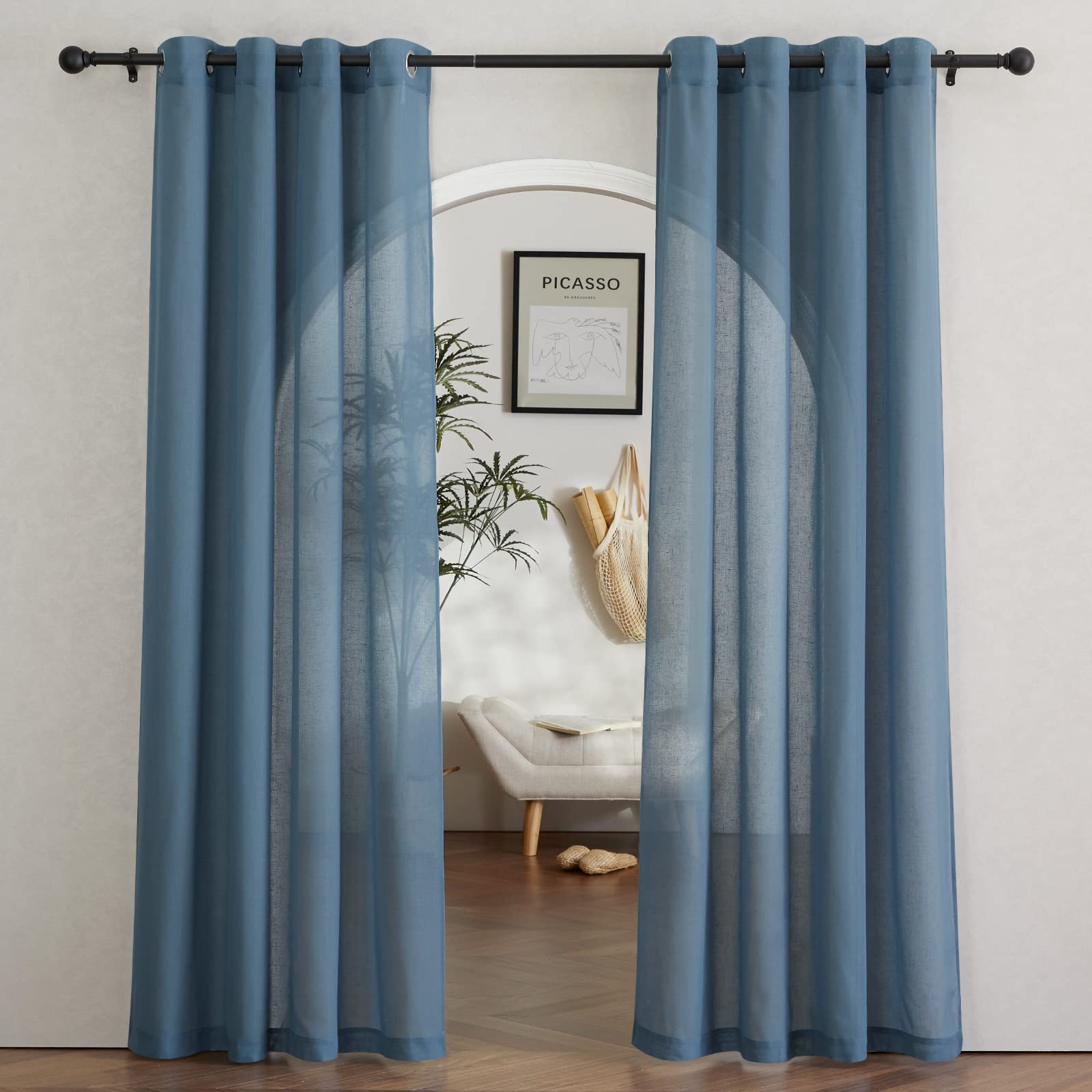 NICETOWN Semi Sheer Linen Curtains for Bedroom 84 inches Long, Grommet Privacy Vertical Farmhouse Window with Light Filtering for Living Room, Natural, W52 x L84, 2 Pieces