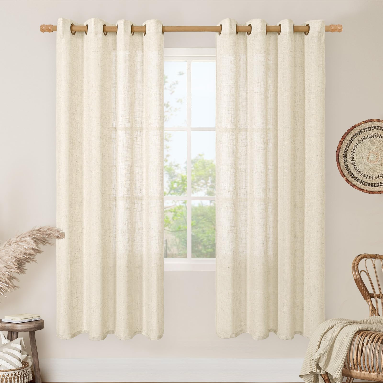 LAMIT Natural Ivory Linen Semi Sheer Curtains 84 inch Length, Cream Light Filtering Soft Thick Neutral Living Room Drapes with Bronze Grommet for Bedroom/Farmhouse, 2 Panels, 52 x 84 Inch