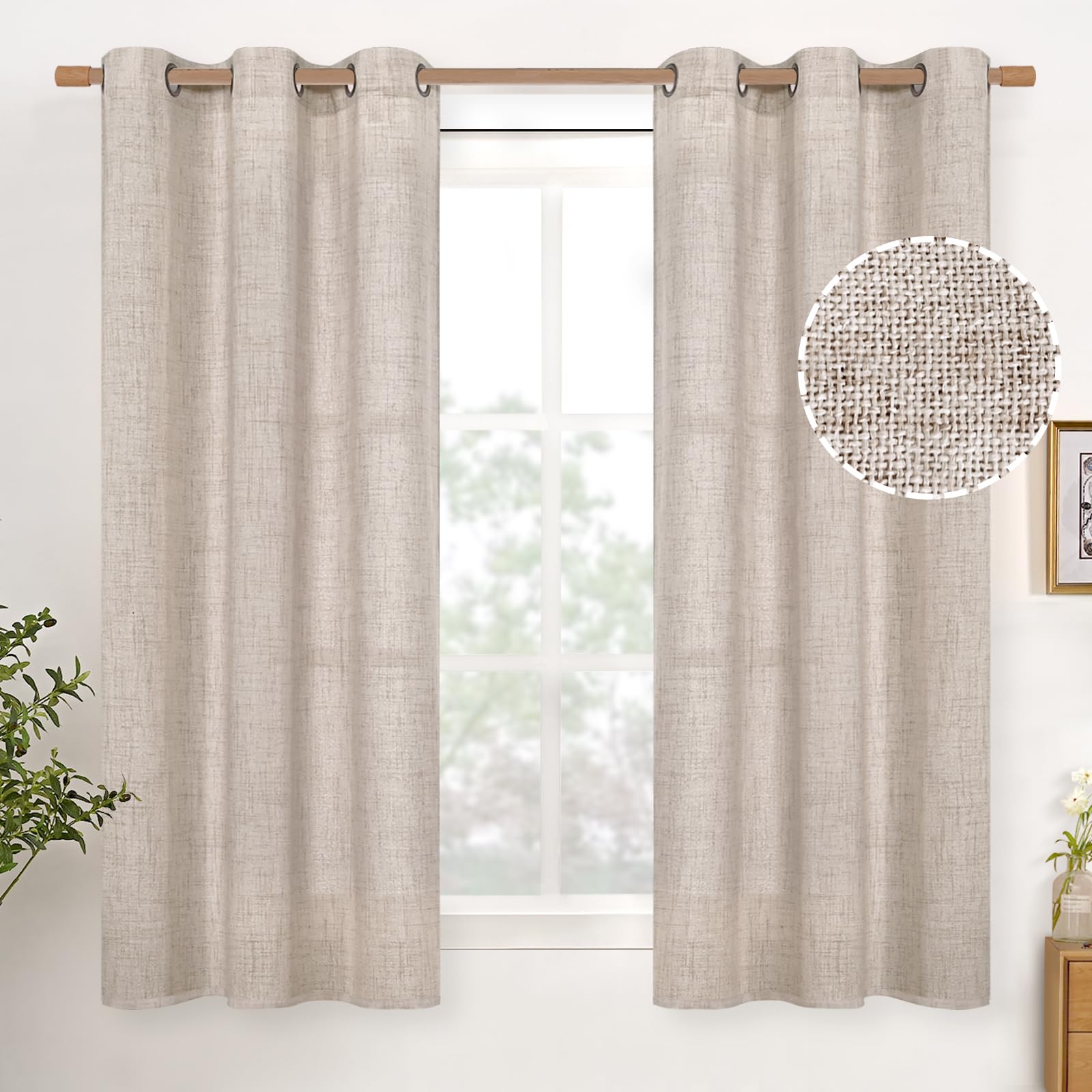 YoungsTex Linen Semi Sheer Curtains 63 Inch Length 2 Panels for Living Room - Light Filtering Drapes with Bronze Grommet Beige Window Treatments for Country Office Bedroom, 52 X 63 Inch
