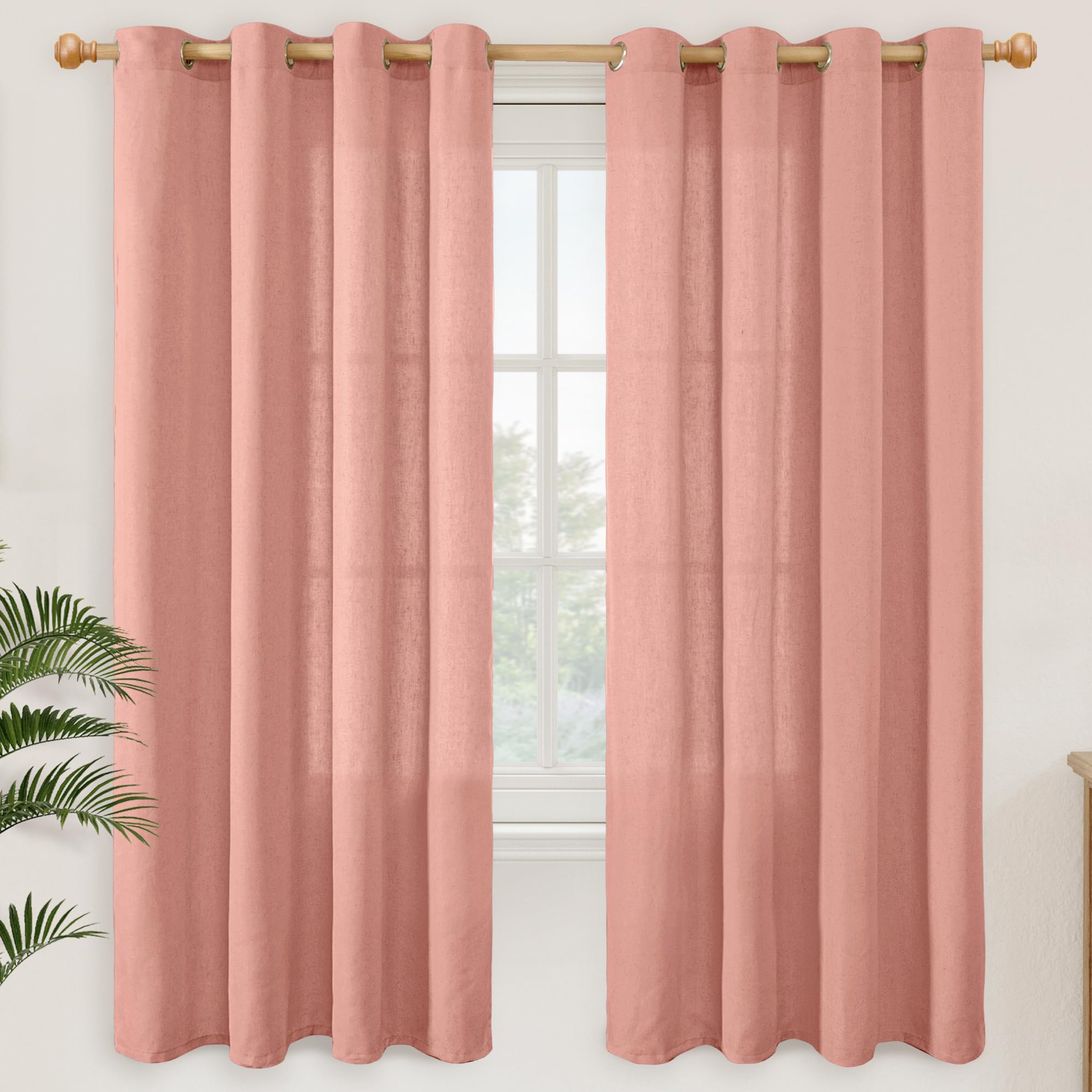 YoungsTex Linen Semi Sheer Curtains 63 Inch Length 2 Panels for Living Room - Light Filtering Drapes with Bronze Grommet Beige Window Treatments for Country Office Bedroom, 52 X 63 Inch