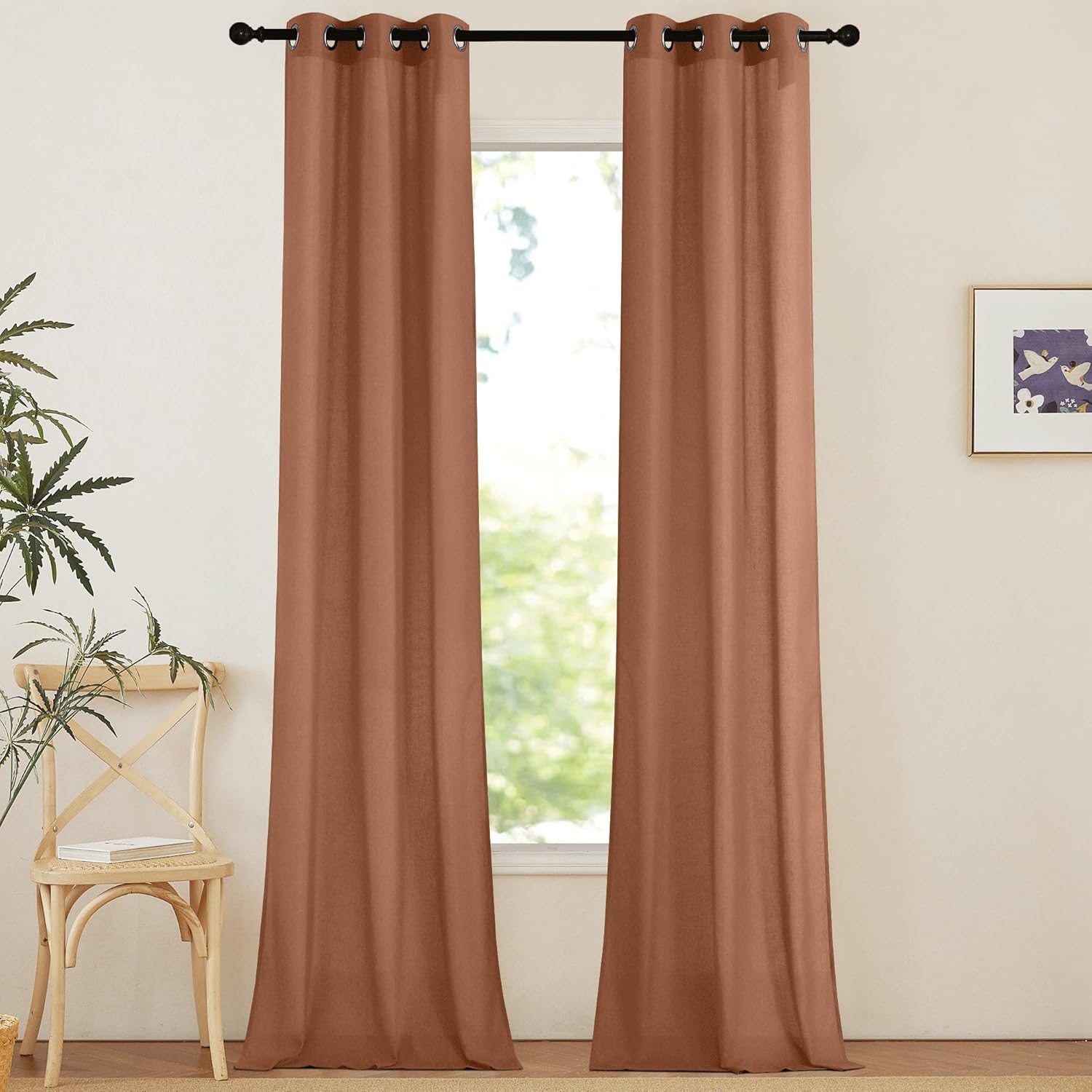 NICETOWN Natural Linen Curtains 84 inch Long 2 Panels Set, Grommet Top Thick Linen Burlap Semi Sheer Vertical Drapes Privacy Assured with Light Filtering for Bedroom/Living Room, W55 x L84