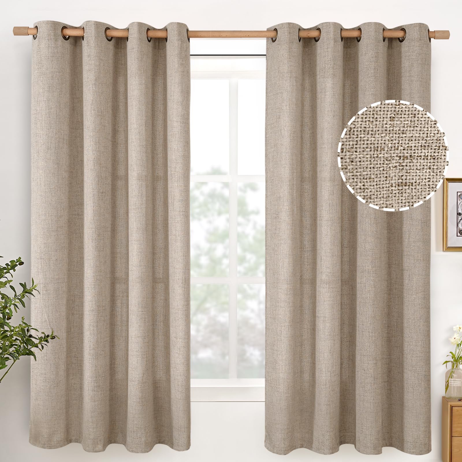 YoungsTex Linen Semi Sheer Curtains 63 Inch Length 2 Panels for Living Room - Light Filtering Drapes with Bronze Grommet Beige Window Treatments for Country Office Bedroom, 52 X 63 Inch