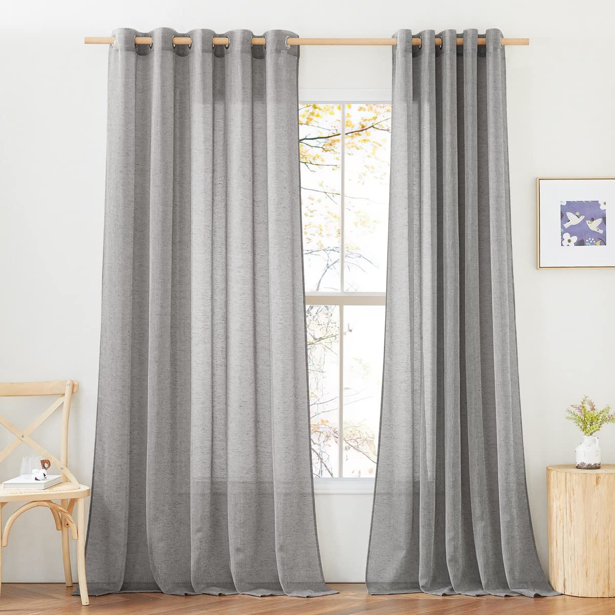 NICETOWN Semi Sheer Linen Curtains for Bedroom 84 inches Long, Grommet Privacy Vertical Farmhouse Window with Light Filtering for Living Room, Natural, W52 x L84, 2 Pieces