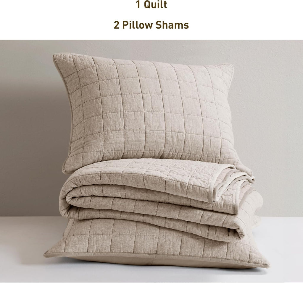 Hyde Lane Linen Quilt Set King Size - Breathable Box Stitched European Flax Bedding Set for Bedspread and Coverlet, with 2 Pillow Shams, 106"x96", Linen