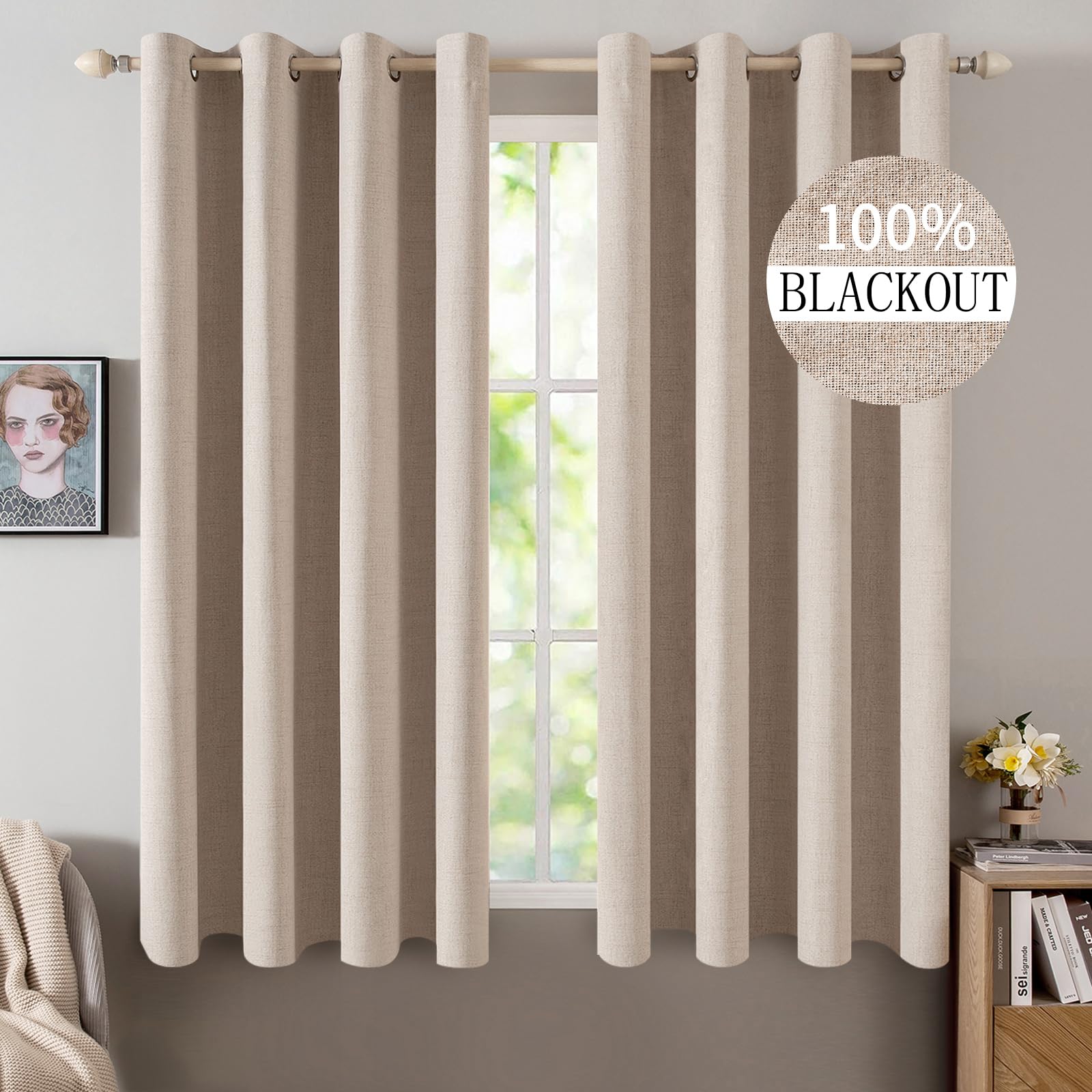 MIULEE 100% Blackout Linen Textured Curtains for Bedroom Solid Thermal Insulated Natural Beige Grommet Room Darkening Curtains & Drapes Luxury Decor for Living Room Nursery 52 x 96 Inch (2 Panels)