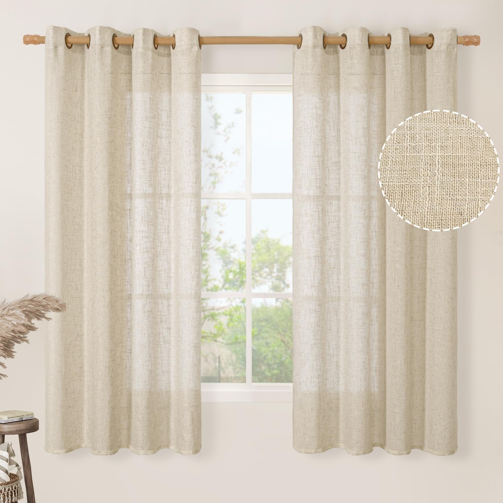 LAMIT Natural Ivory Linen Semi Sheer Curtains 84 inch Length, Cream Light Filtering Soft Thick Neutral Living Room Drapes with Bronze Grommet for Bedroom/Farmhouse, 2 Panels, 52 x 84 Inch