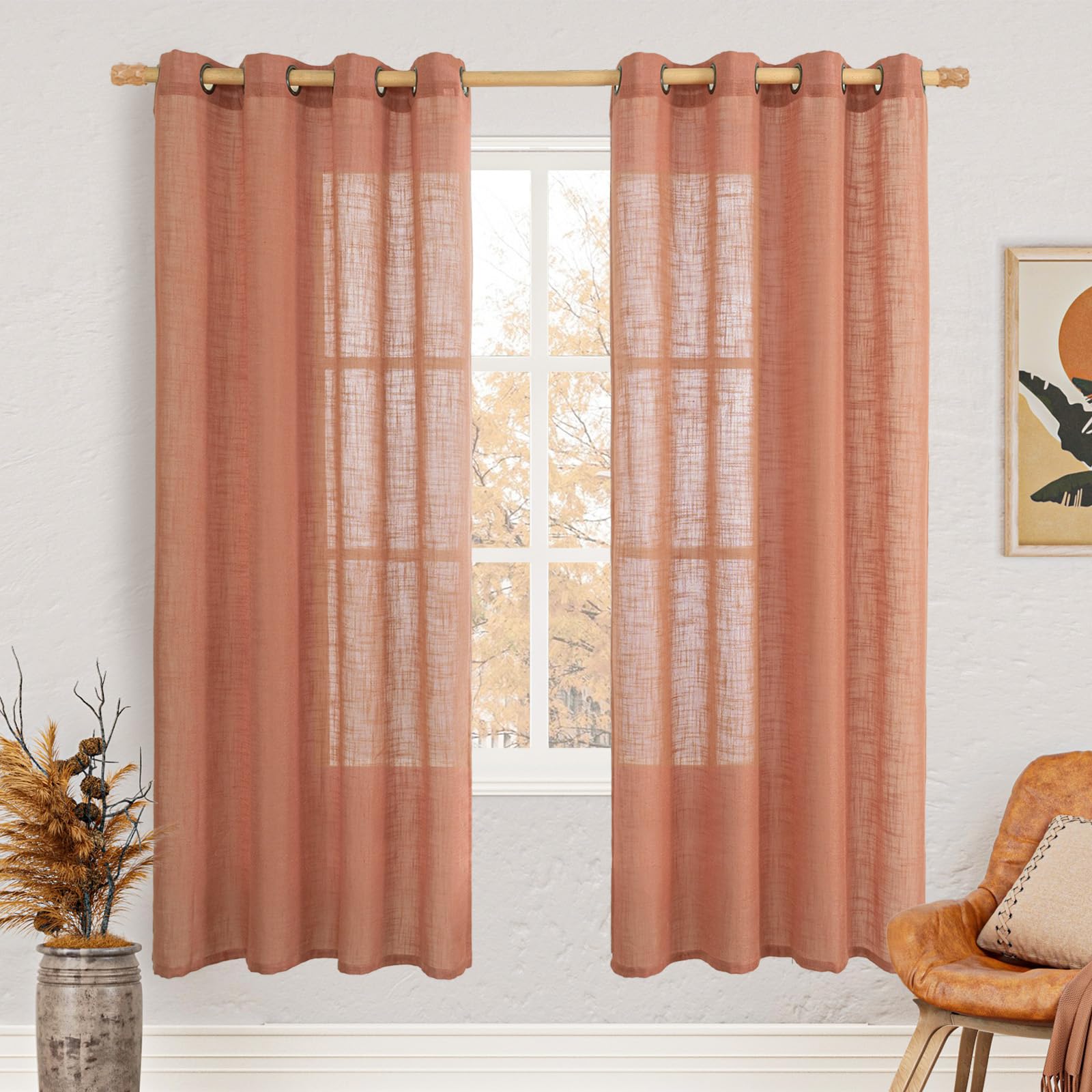 LAMIT Natural Ivory Linen Semi Sheer Curtains 84 inch Length, Cream Light Filtering Soft Thick Neutral Living Room Drapes with Bronze Grommet for Bedroom/Farmhouse, 2 Panels, 52 x 84 Inch