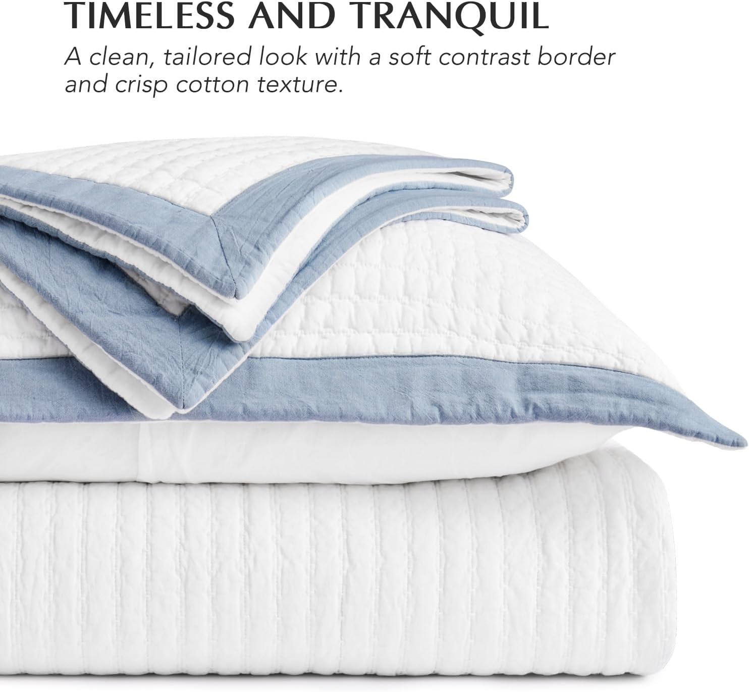 EVERGRACE Cotton Border Frame Tack-Stitch Quilt Bedding Set King Size, Coastal Oversized 3 Pieces Lightweight Bedspread Coverlet for All Season, with 2 Matching Shams, Blue Linen | Pick-Stitch Channel, Border Frame, Pre Washed, Oeko-Tex Certified, 100% Co