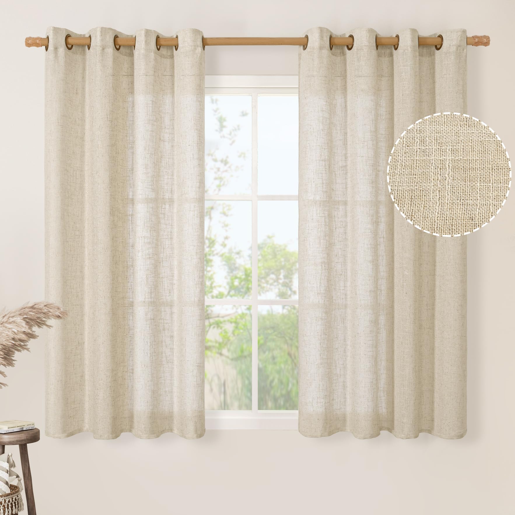 LAMIT Natural Ivory Linen Semi Sheer Curtains 84 inch Length, Cream Light Filtering Soft Thick Neutral Living Room Drapes with Bronze Grommet for Bedroom/Farmhouse, 2 Panels, 52 x 84 Inch