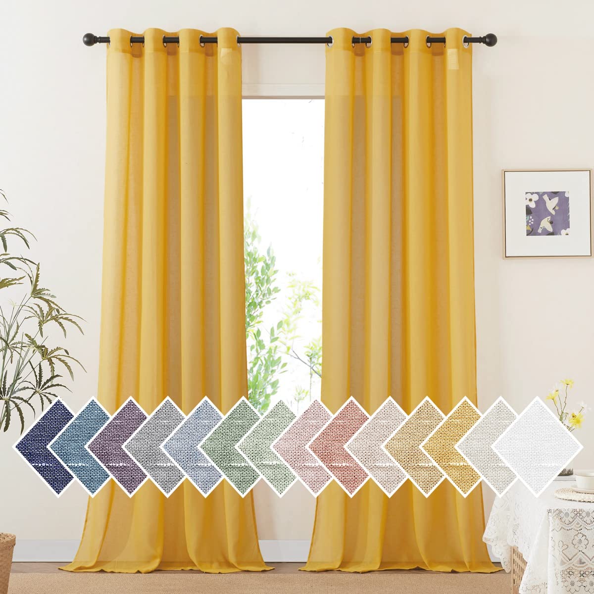 NICETOWN Semi Sheer Linen Curtains for Bedroom 84 inches Long, Grommet Privacy Vertical Farmhouse Window with Light Filtering for Living Room, Natural, W52 x L84, 2 Pieces