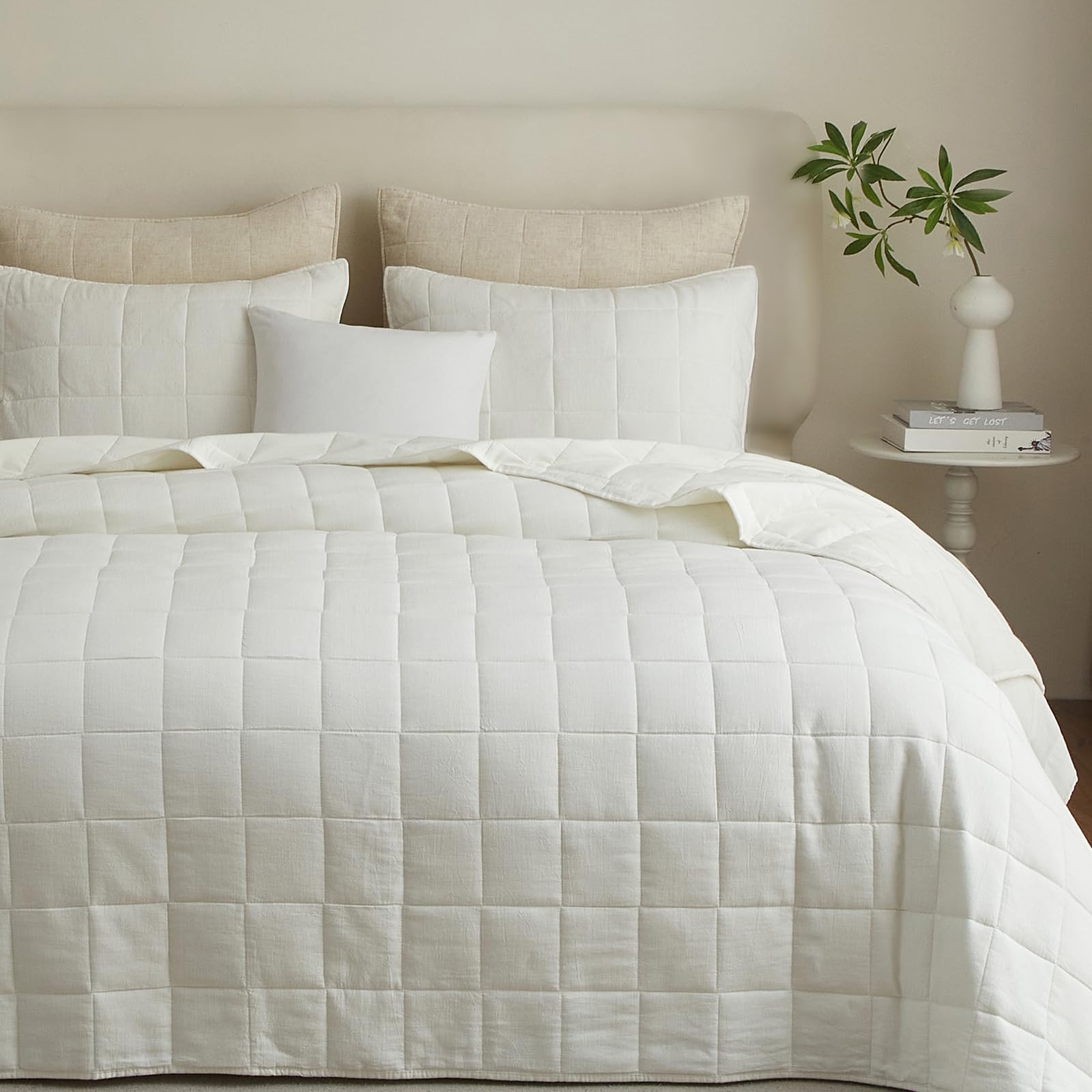 Powdion French Linen Quilt Queen, 100% Linen Front / 100% Cotton Back Pre-Washed Vintage Bedding for All Season, Oversized European 3 Pieces Stitch Bedspread