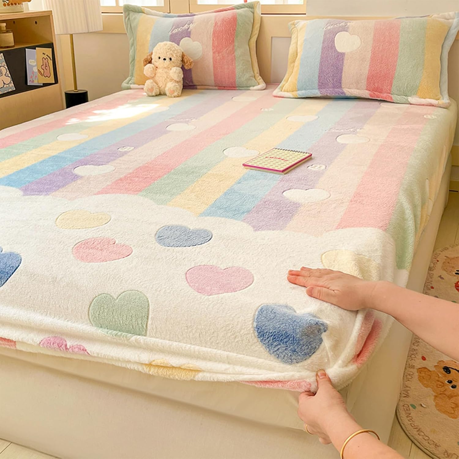 MorroMorn Fleece Fitted Sheet Full Only, Super Soft Plush Bottom Sheet with 20" Deep Pocket, Pink Kawaii Cute for Girls Kids Teen Fall Winter Spring, No Pillowcases (Rainbow Love, Full Size)
