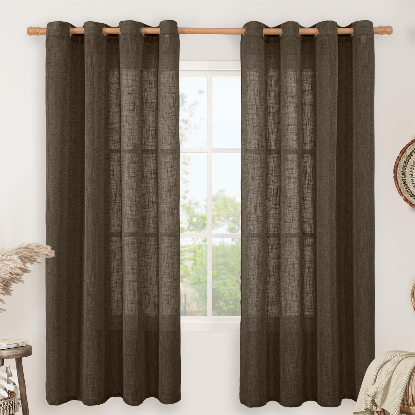 LAMIT Natural Ivory Linen Semi Sheer Curtains 84 inch Length, Cream Light Filtering Soft Thick Neutral Living Room Drapes with Bronze Grommet for Bedroom/Farmhouse, 2 Panels, 52 x 84 Inch