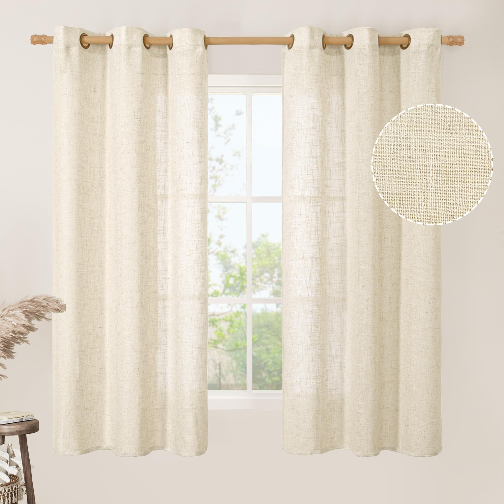 LAMIT Natural Ivory Linen Semi Sheer Curtains 84 inch Length, Cream Light Filtering Soft Thick Neutral Living Room Drapes with Bronze Grommet for Bedroom/Farmhouse, 2 Panels, 52 x 84 Inch